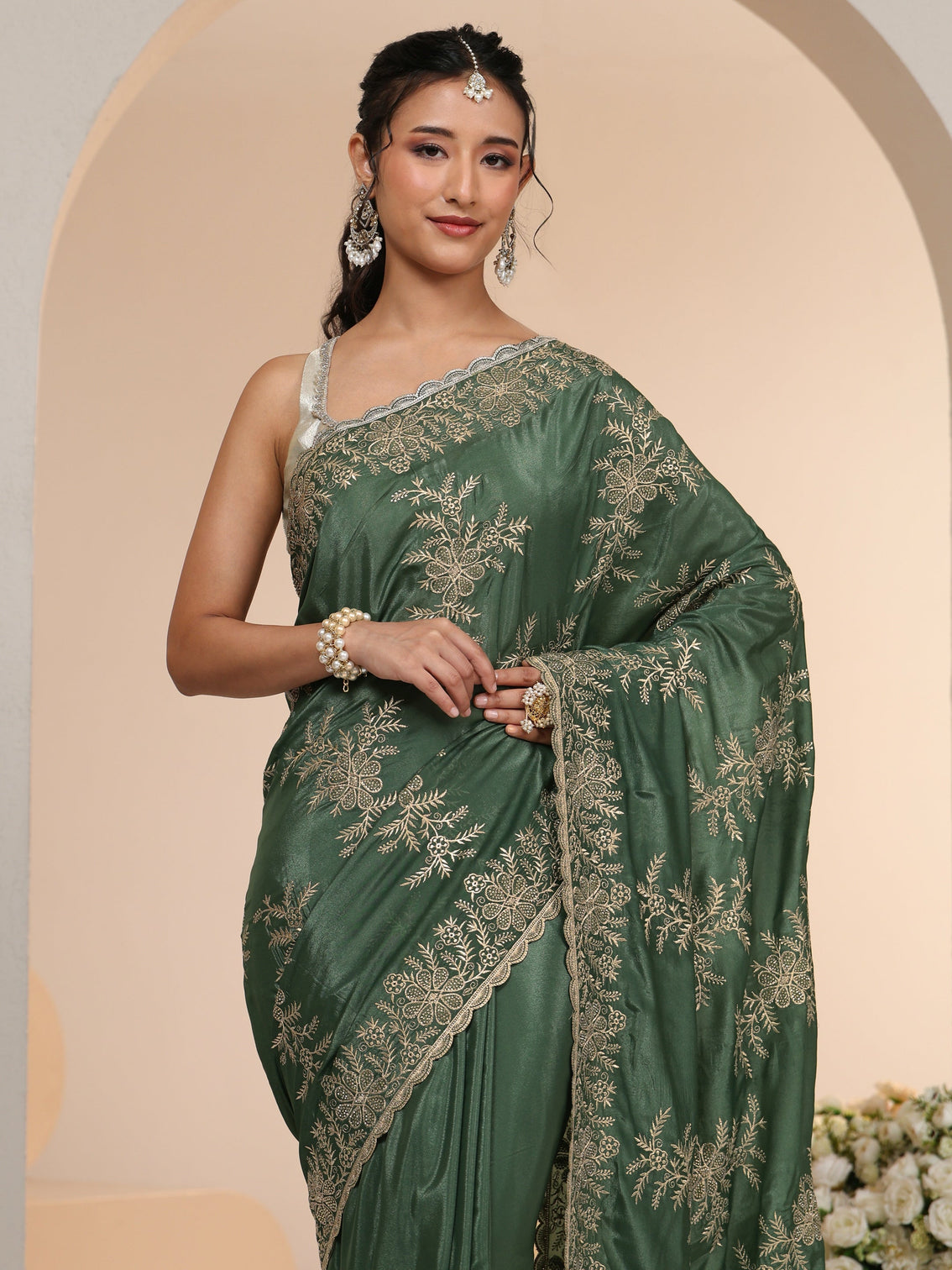 Mameraa Moss Green Floral Embroidered Satin Saree