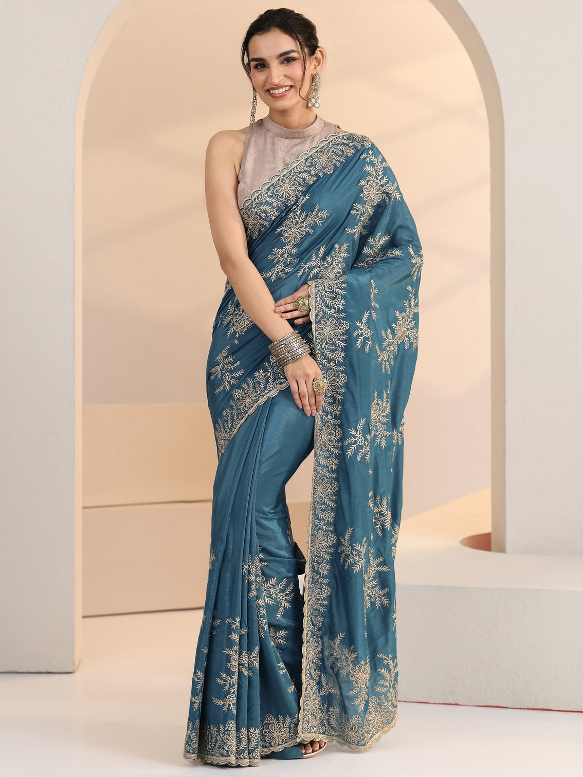 Mameraa Cerulean Blue Floral Embroidered Satin Saree
