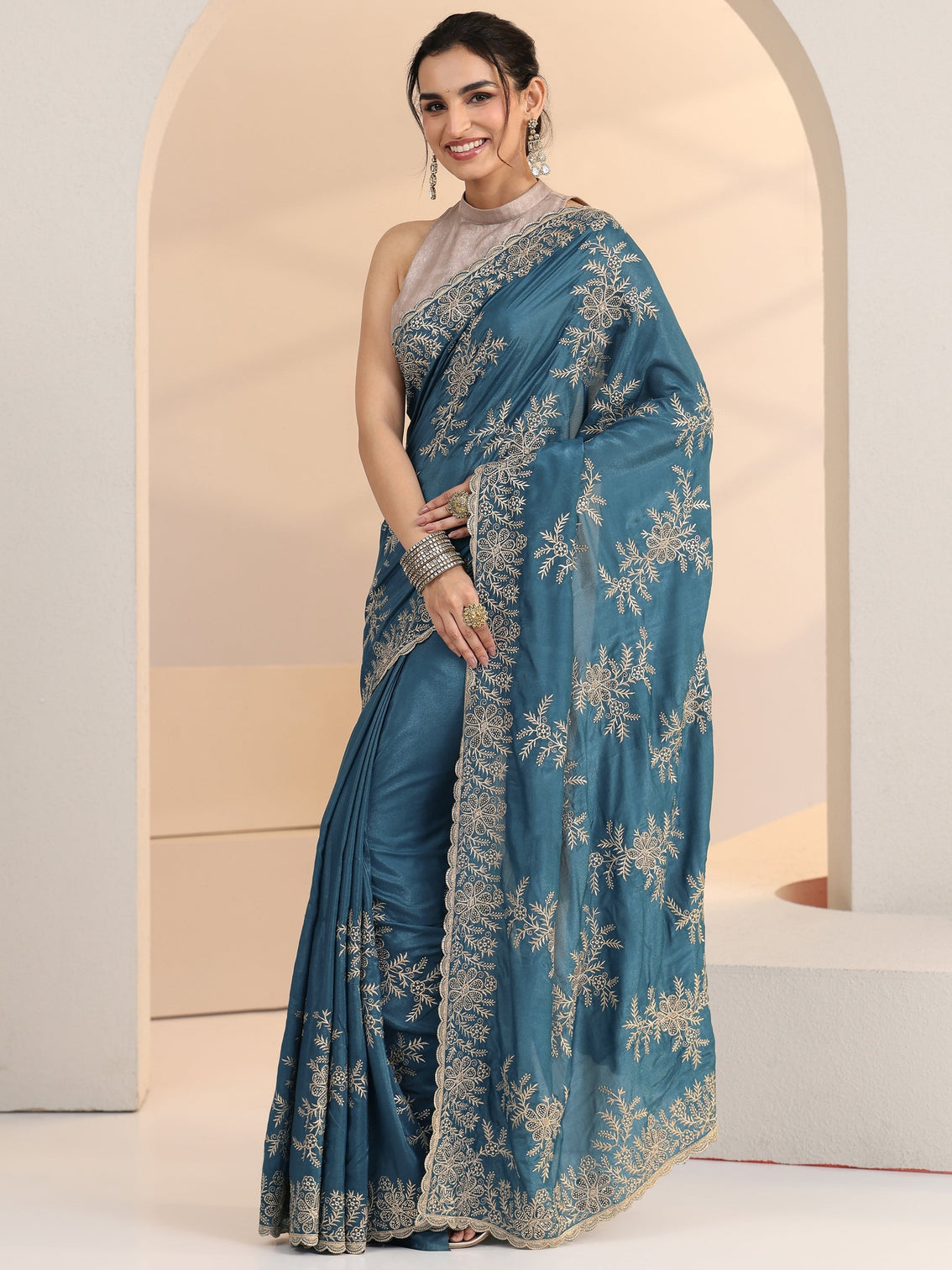 Mameraa Cerulean Blue Floral Embroidered Satin Saree