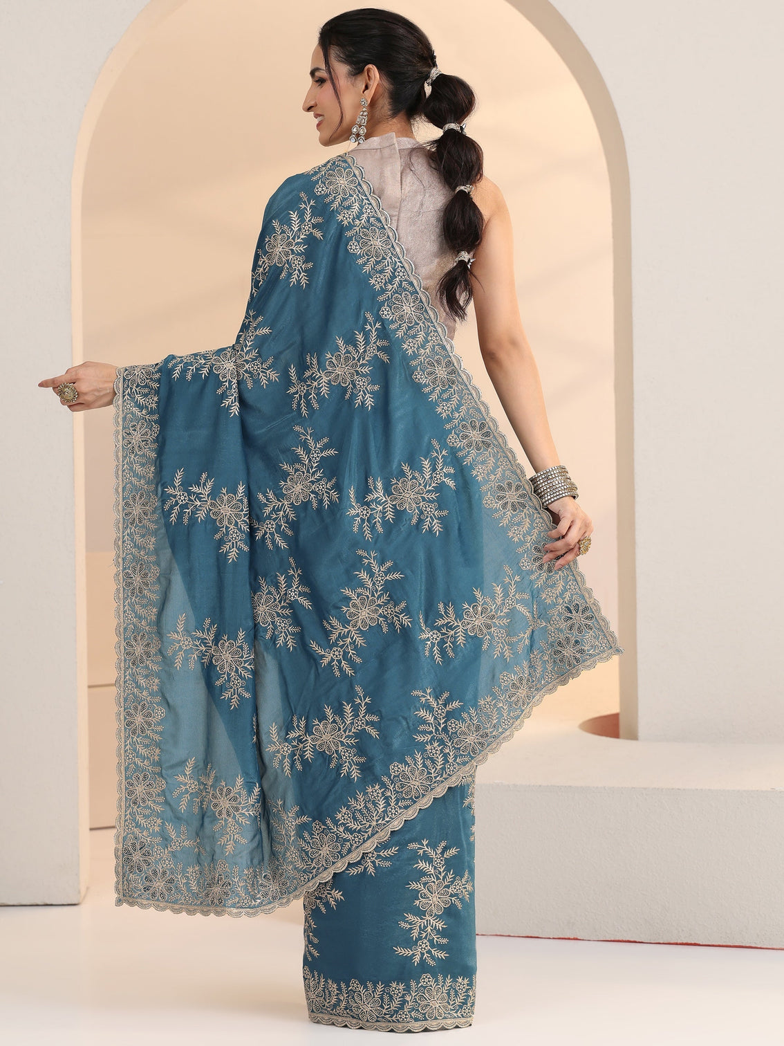 Mameraa Cerulean Blue Floral Embroidered Satin Saree