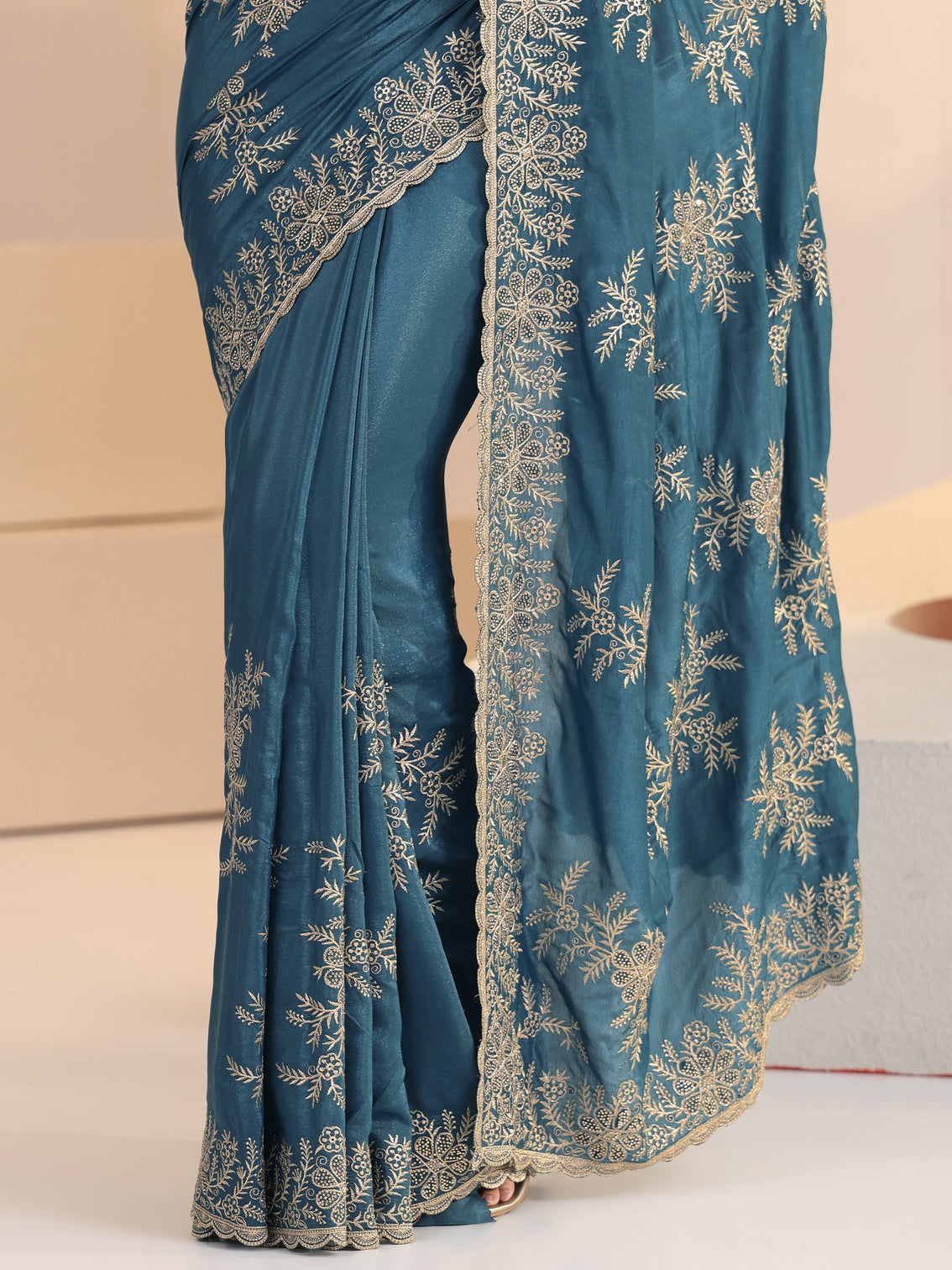 Mameraa Cerulean Blue Floral Embroidered Satin Saree