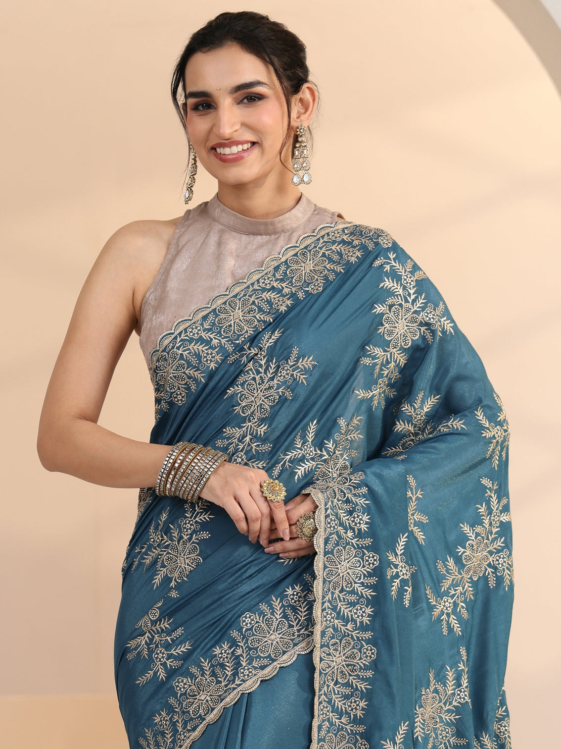 Mameraa Cerulean Blue Floral Embroidered Satin Saree