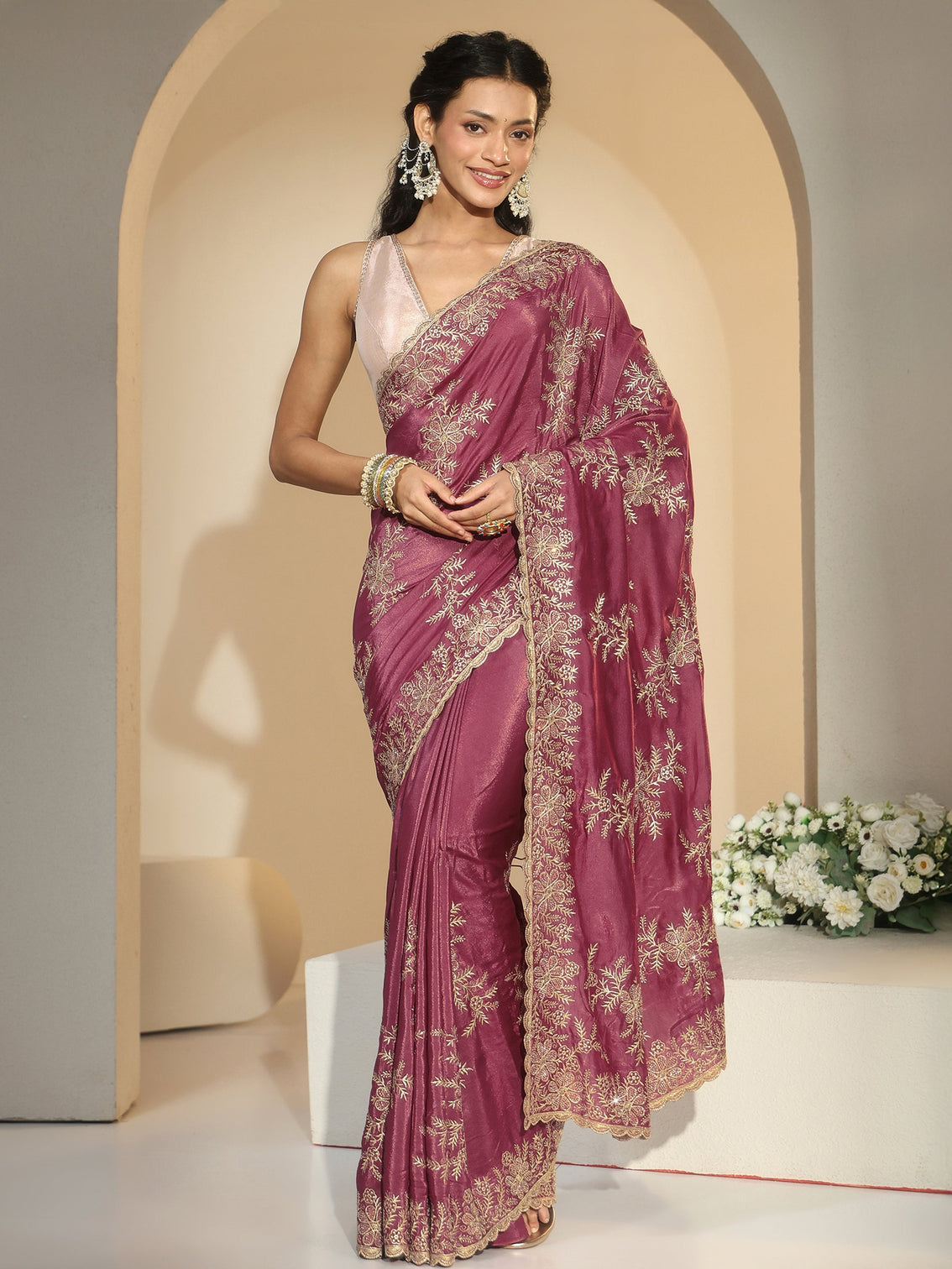Mameraa Mauve Floral Embroidered Satin Saree