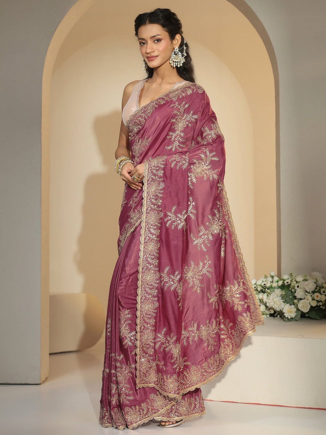 Mameraa Mauve Floral Embroidered Satin Saree