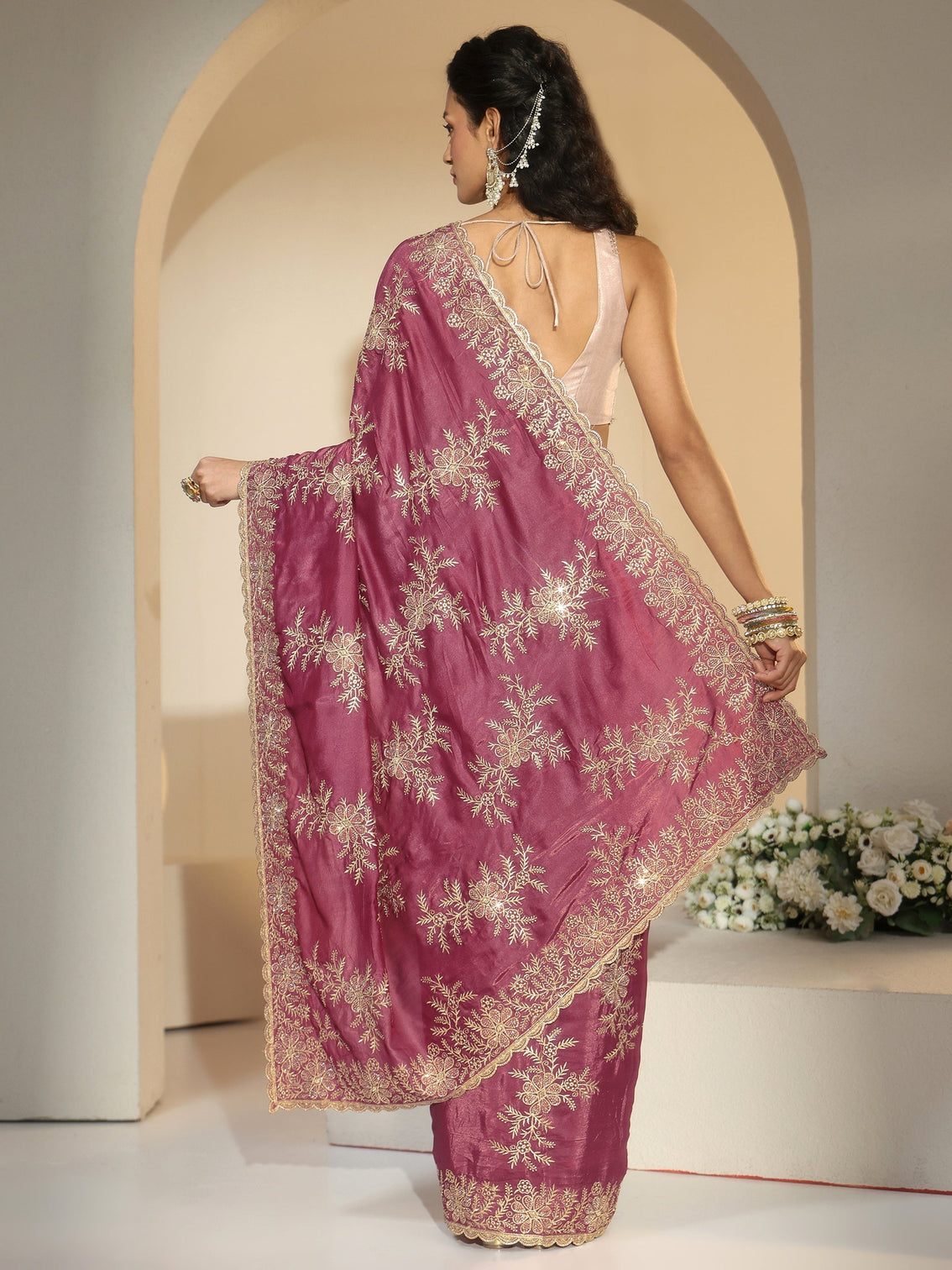 Mameraa Mauve Floral Embroidered Satin Saree