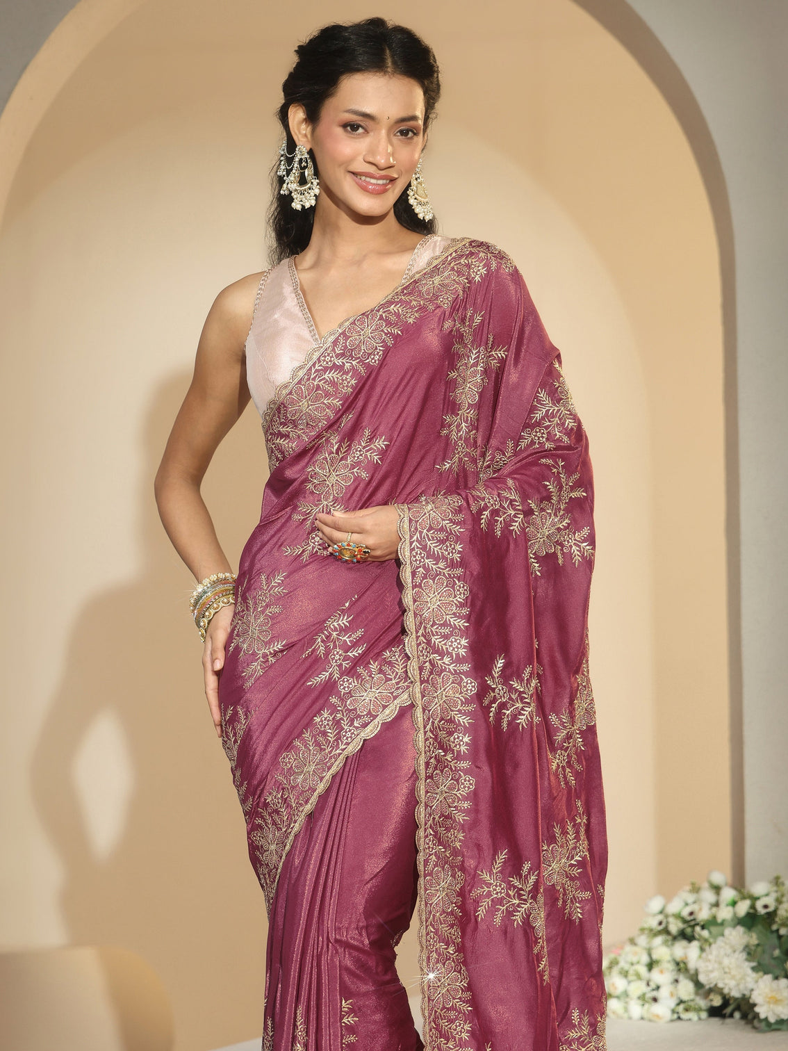 Mameraa Mauve Floral Embroidered Satin Saree