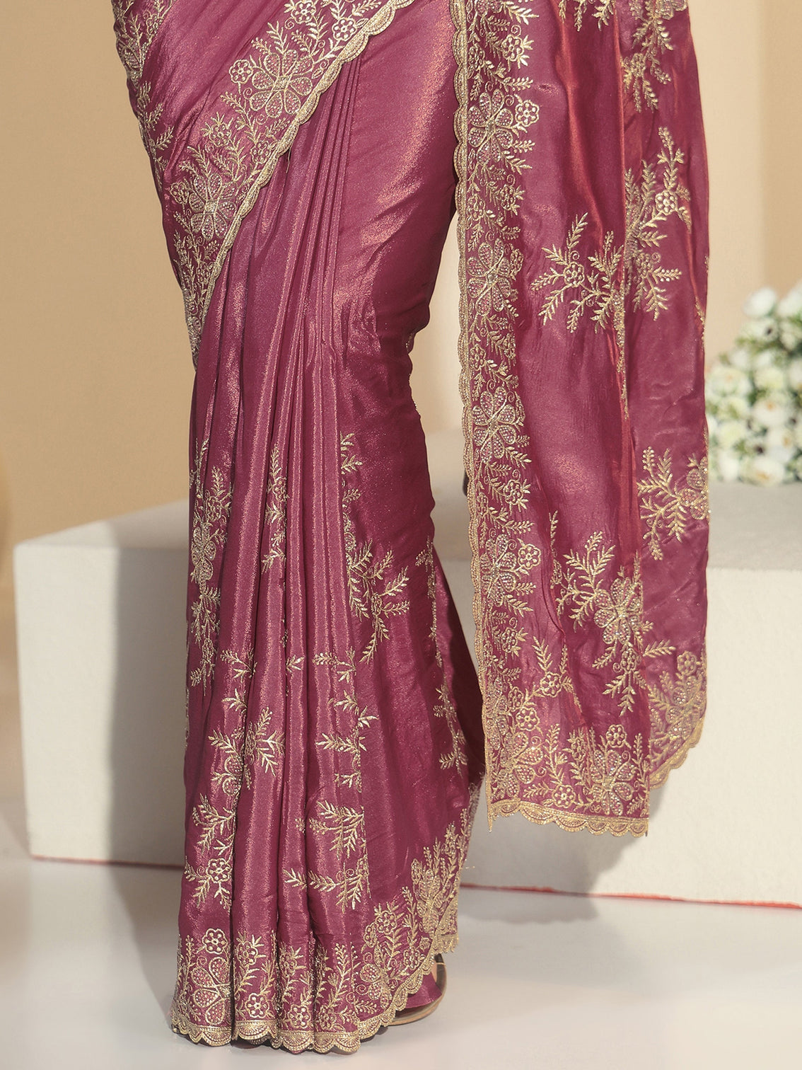 Mameraa Mauve Floral Embroidered Satin Saree