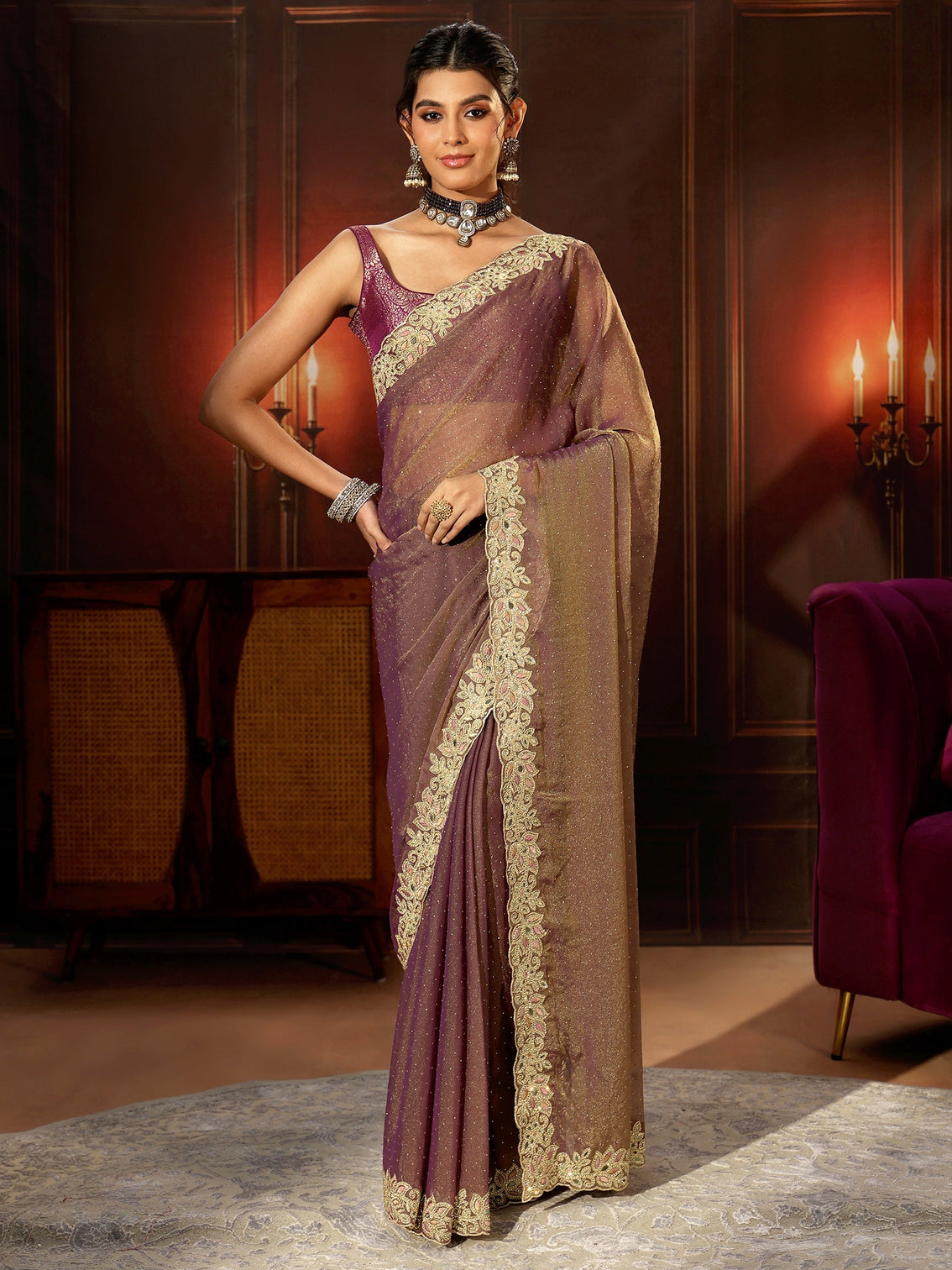 Mameraa Lavender Embellished Tissue Saree with Floral Border