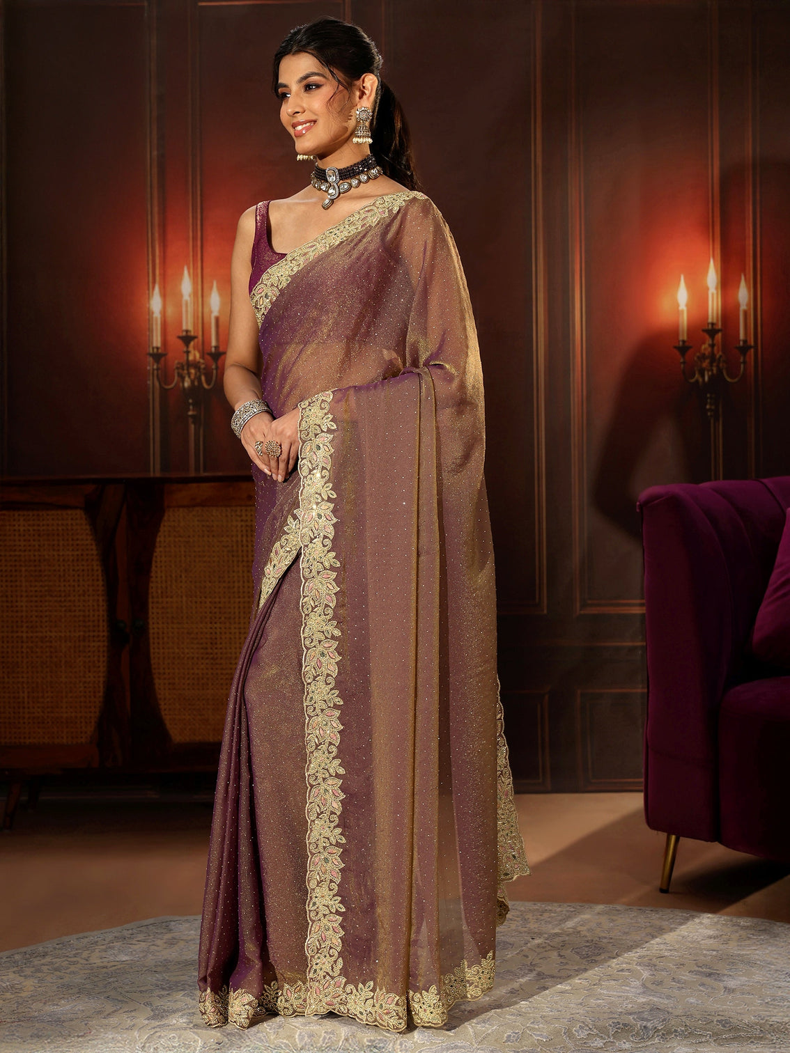 Mameraa Lavender Embellished Tissue Saree with Floral Border