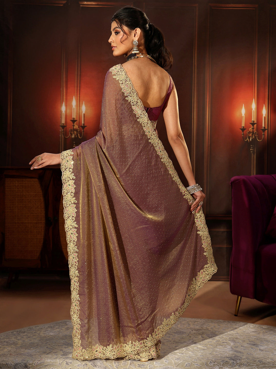 Mameraa Lavender Embellished Tissue Saree with Floral Border