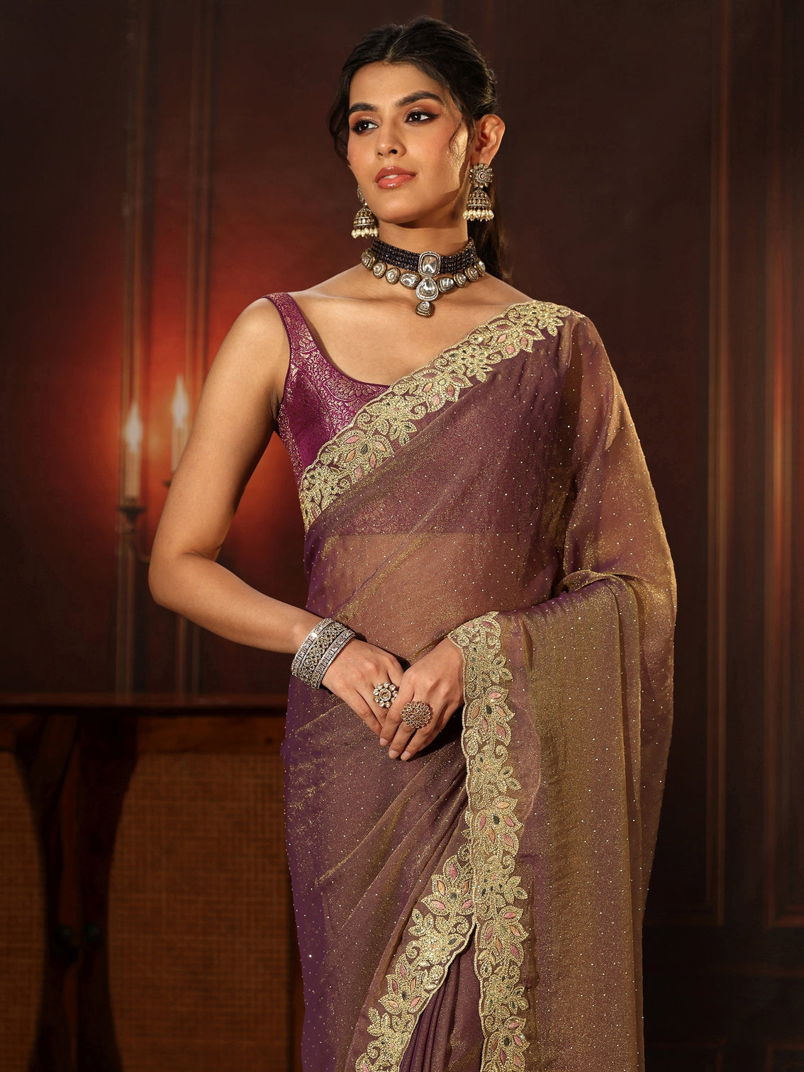 Mameraa Lavender Embellished Tissue Saree with Floral Border