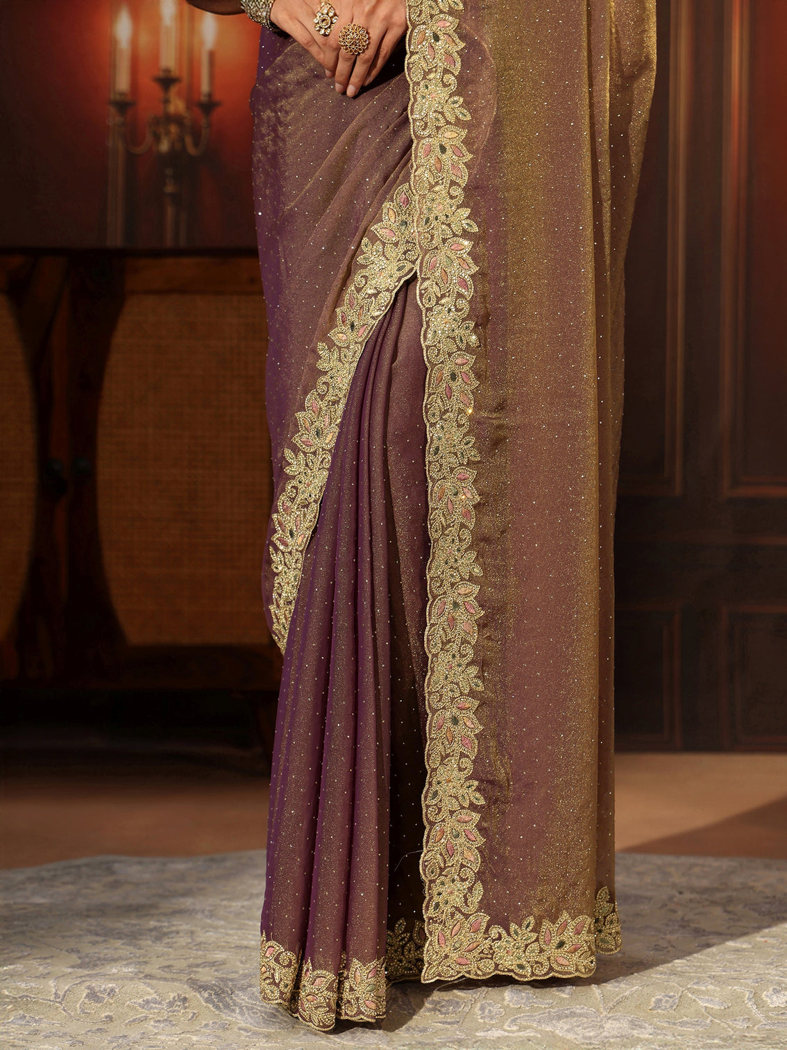Mameraa Lavender Embellished Tissue Saree with Floral Border