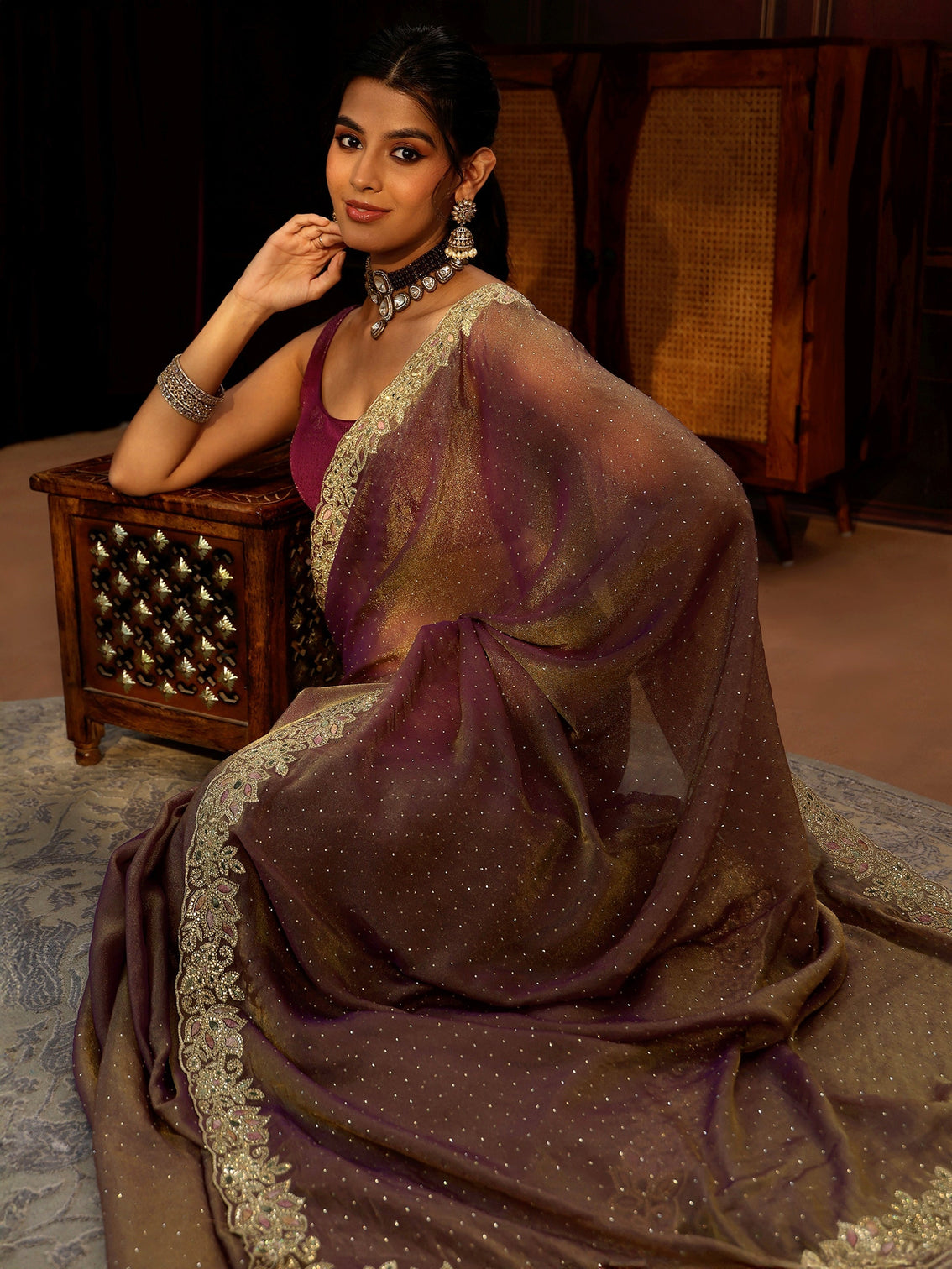 Mameraa Lavender Embellished Tissue Saree with Floral Border