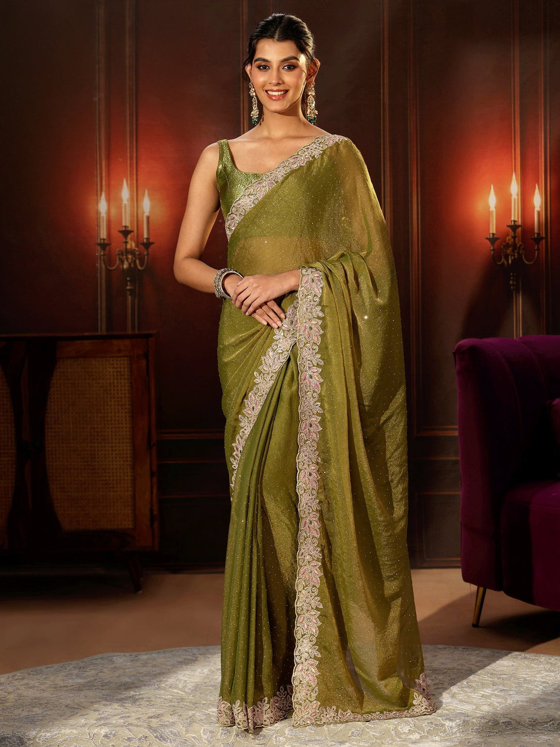 Mameraa Olive Green Embellished Tissue Saree with Floral Border