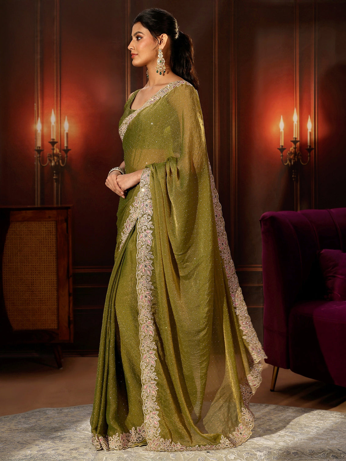 Mameraa Olive Green Embellished Tissue Saree with Floral Border
