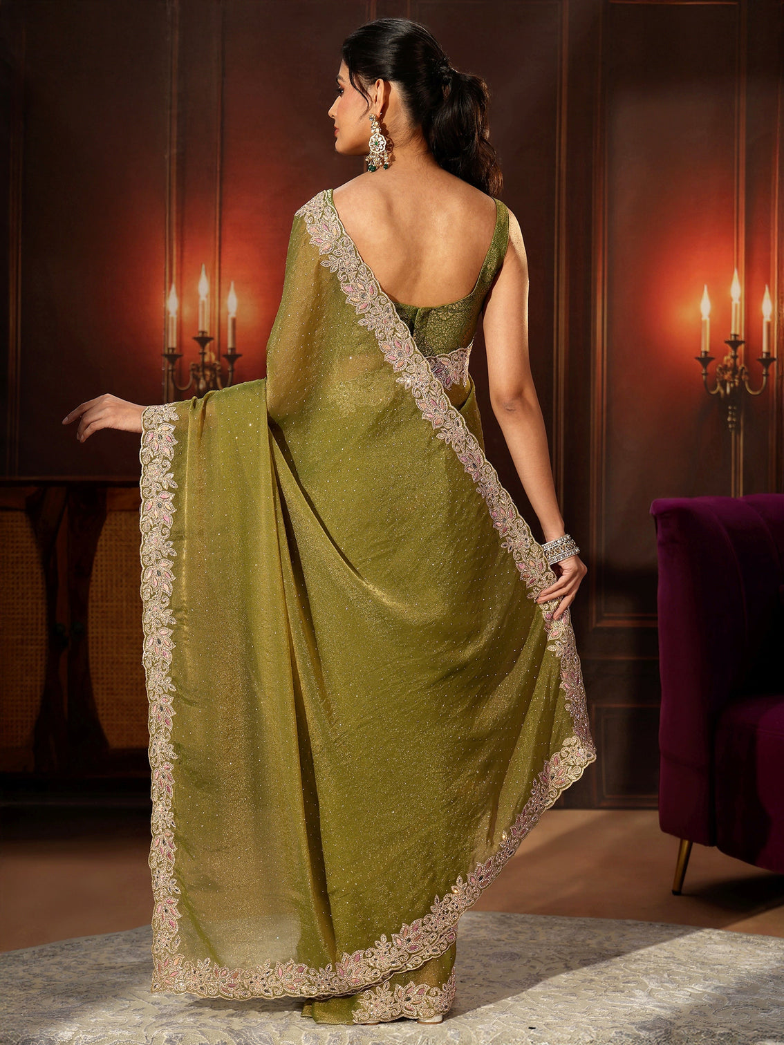 Mameraa Olive Green Embellished Tissue Saree with Floral Border