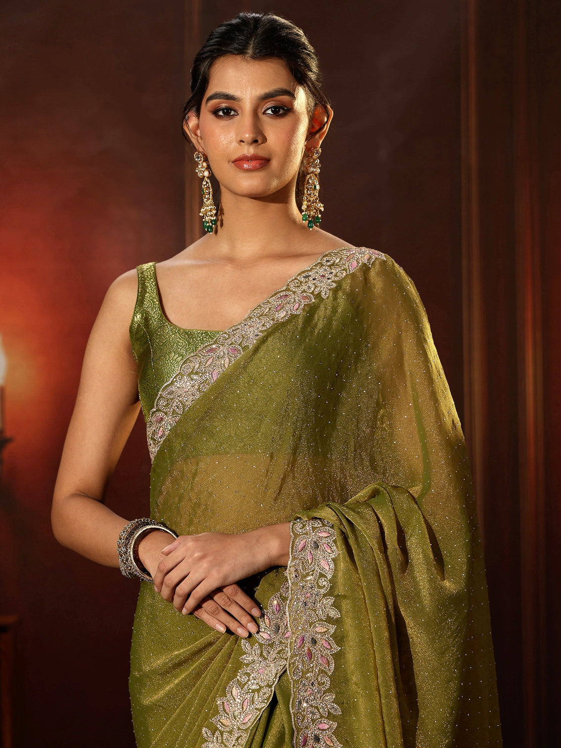 Mameraa Olive Green Embellished Tissue Saree with Floral Border
