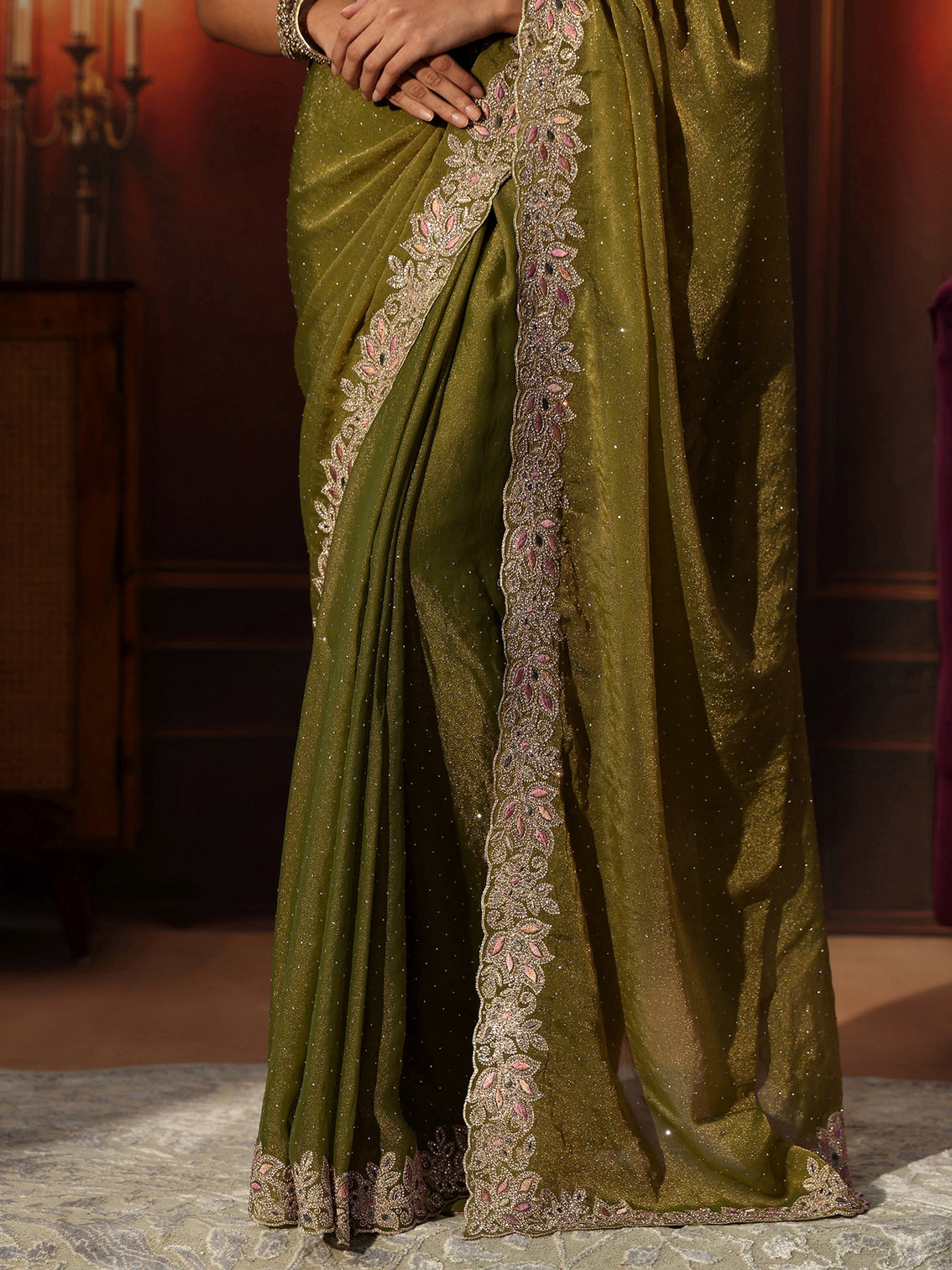 Mameraa Olive Green Embellished Tissue Saree with Floral Border