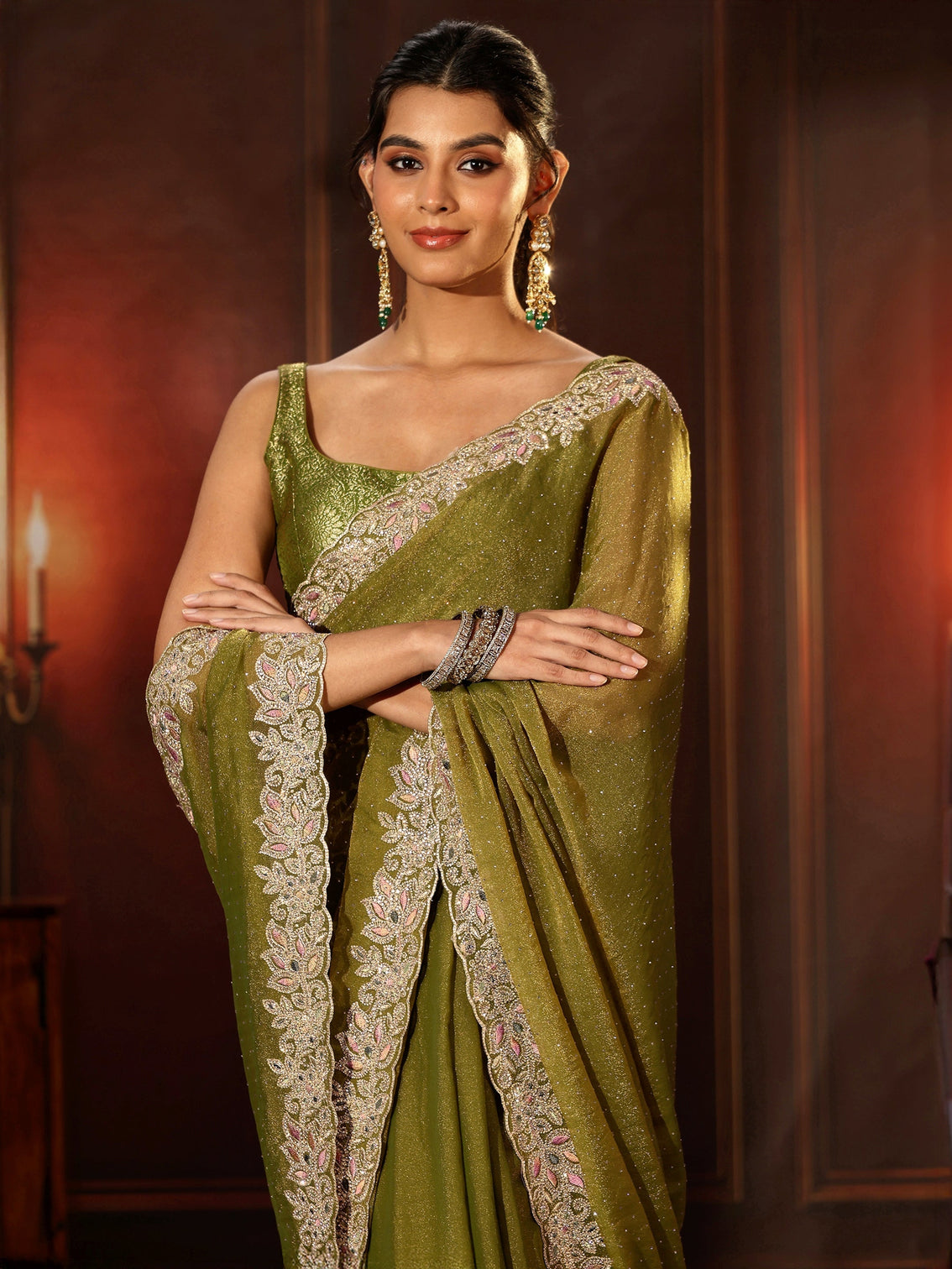 Mameraa Olive Green Embellished Tissue Saree with Floral Border