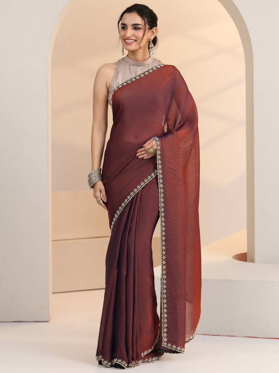 Mameraa Brown Tissue Saree with Stone Work Border