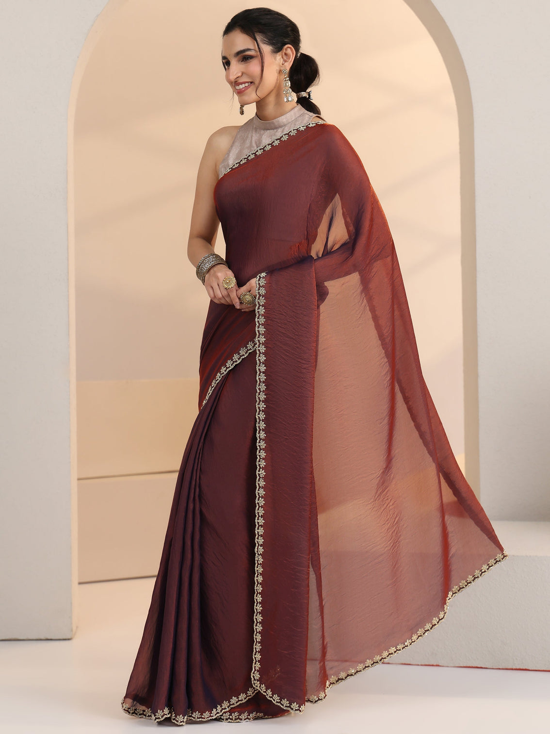 Mameraa Brown Tissue Saree with Stone Work Border