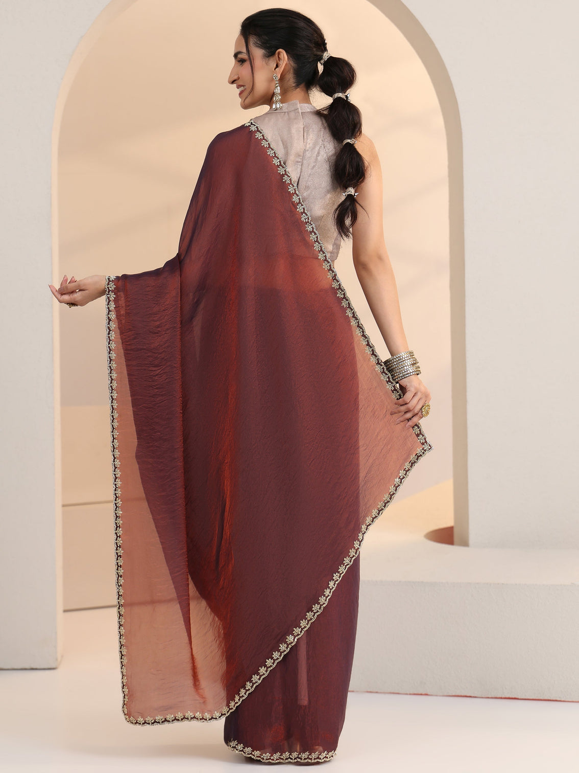 Mameraa Brown Tissue Saree with Stone Work Border