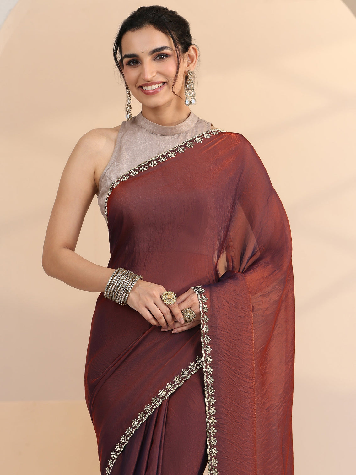Mameraa Brown Tissue Saree with Stone Work Border