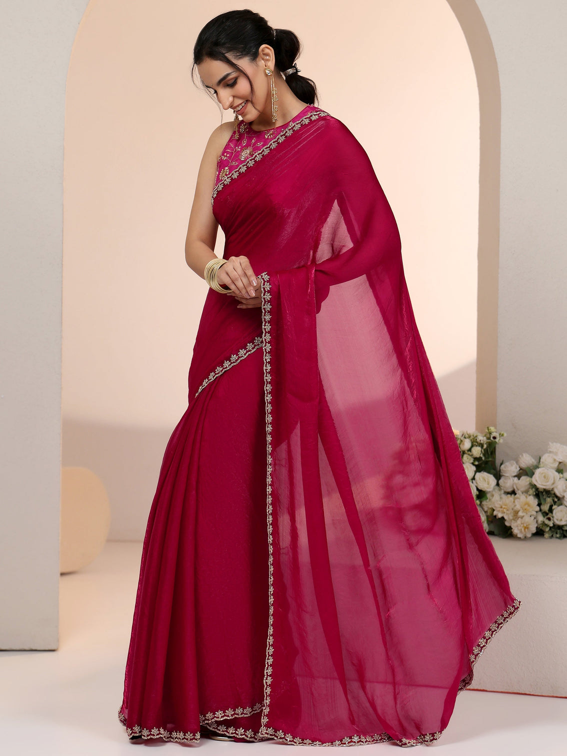Mameraa Rose Pink Tissue Saree with Stone Work Border