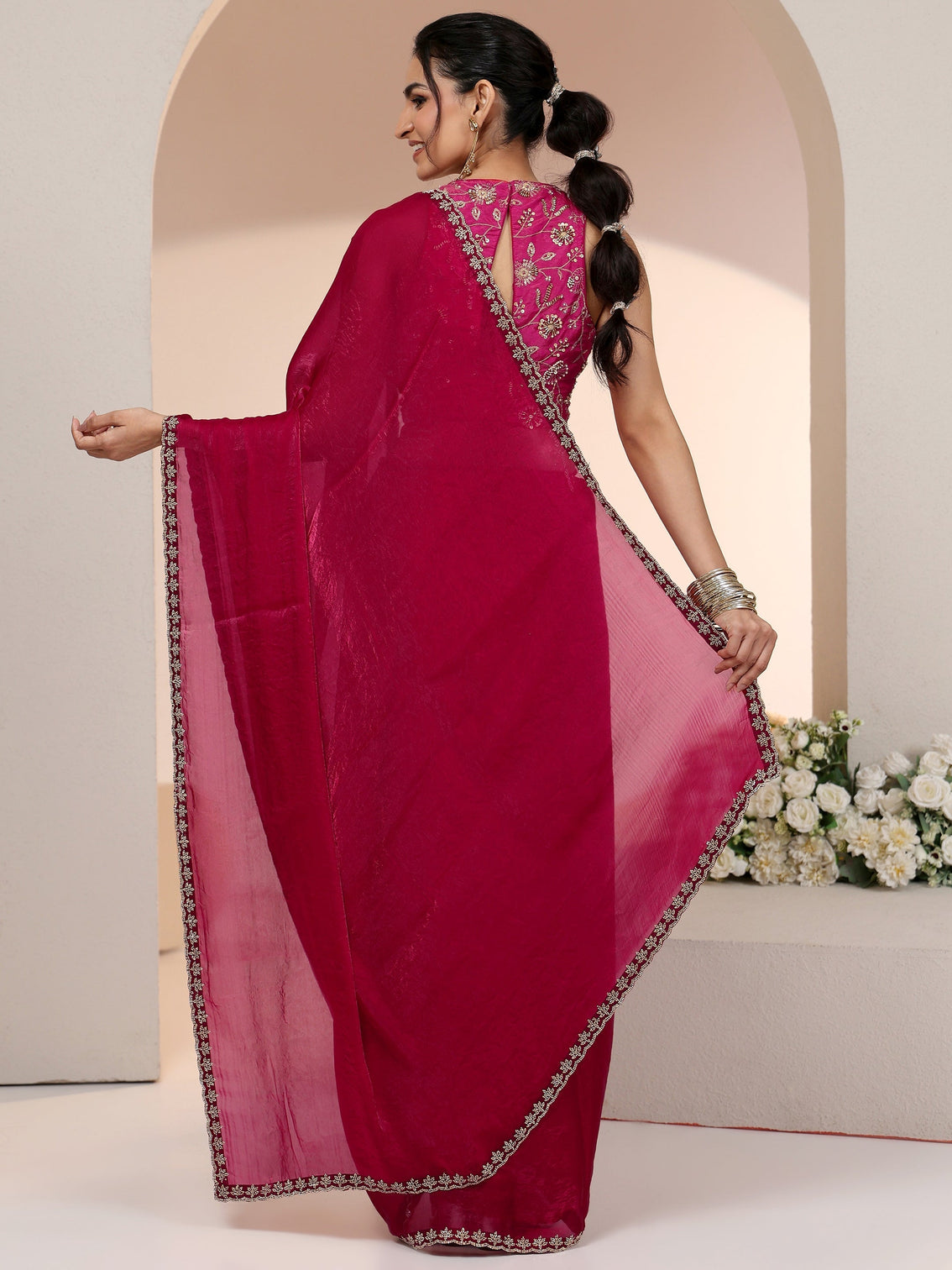 Mameraa Rose Pink Tissue Saree with Stone Work Border