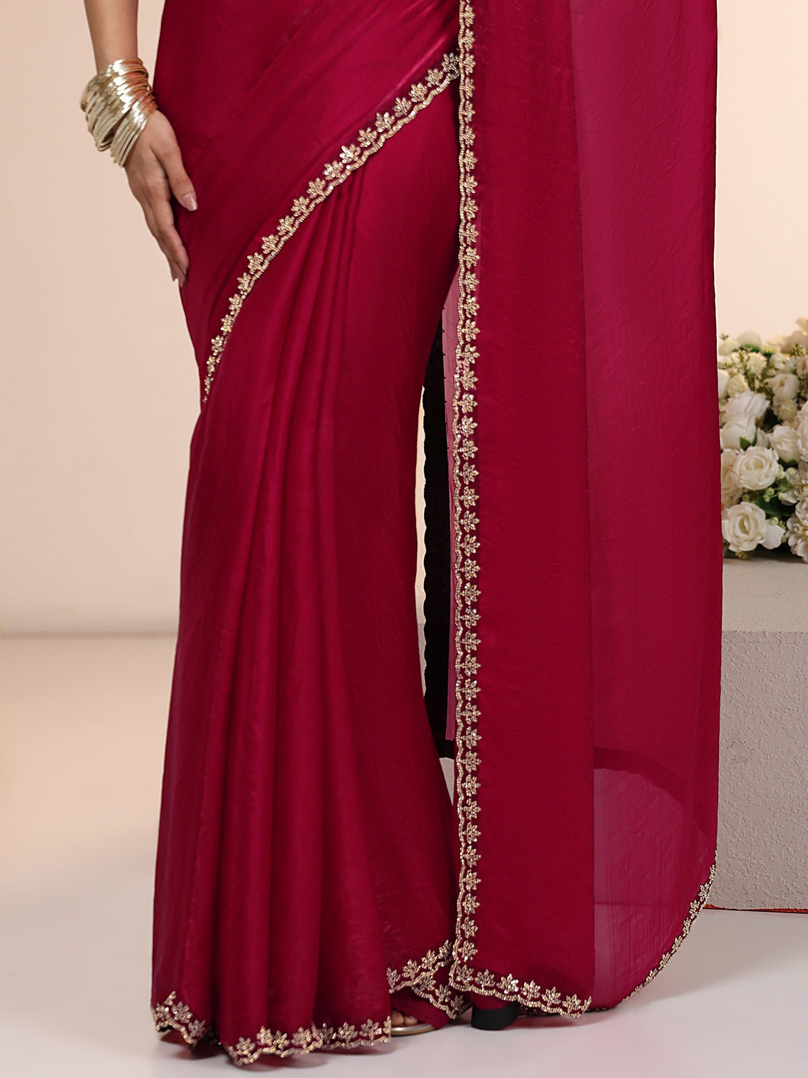 Mameraa Rose Pink Tissue Saree with Stone Work Border
