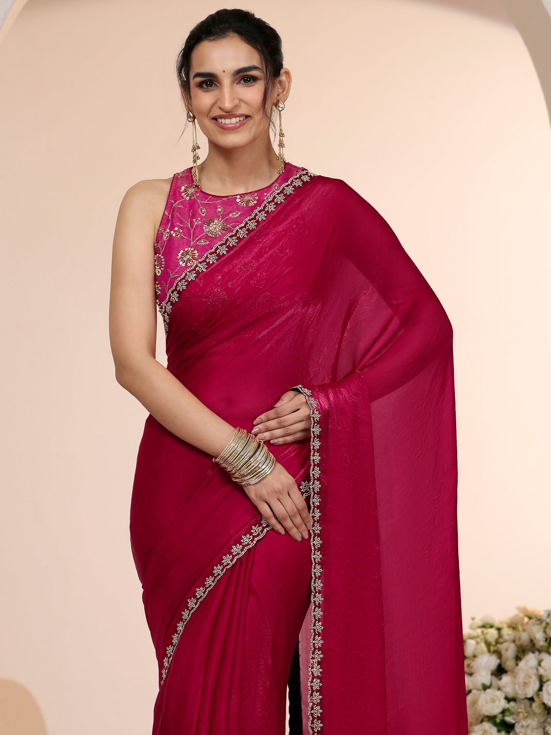 Mameraa Rose Pink Tissue Saree with Stone Work Border