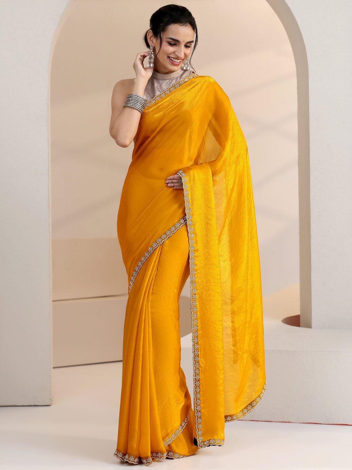 Mameraa Mustard Yellow Tissue Saree with Stone Work Border
