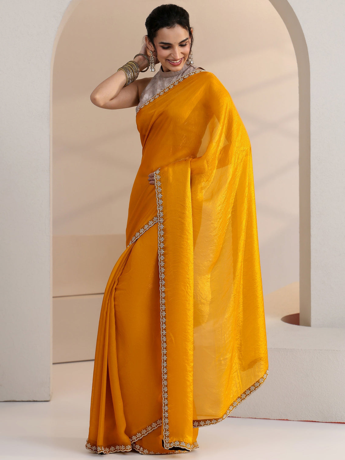 Mameraa Mustard Yellow Tissue Saree with Stone Work Border