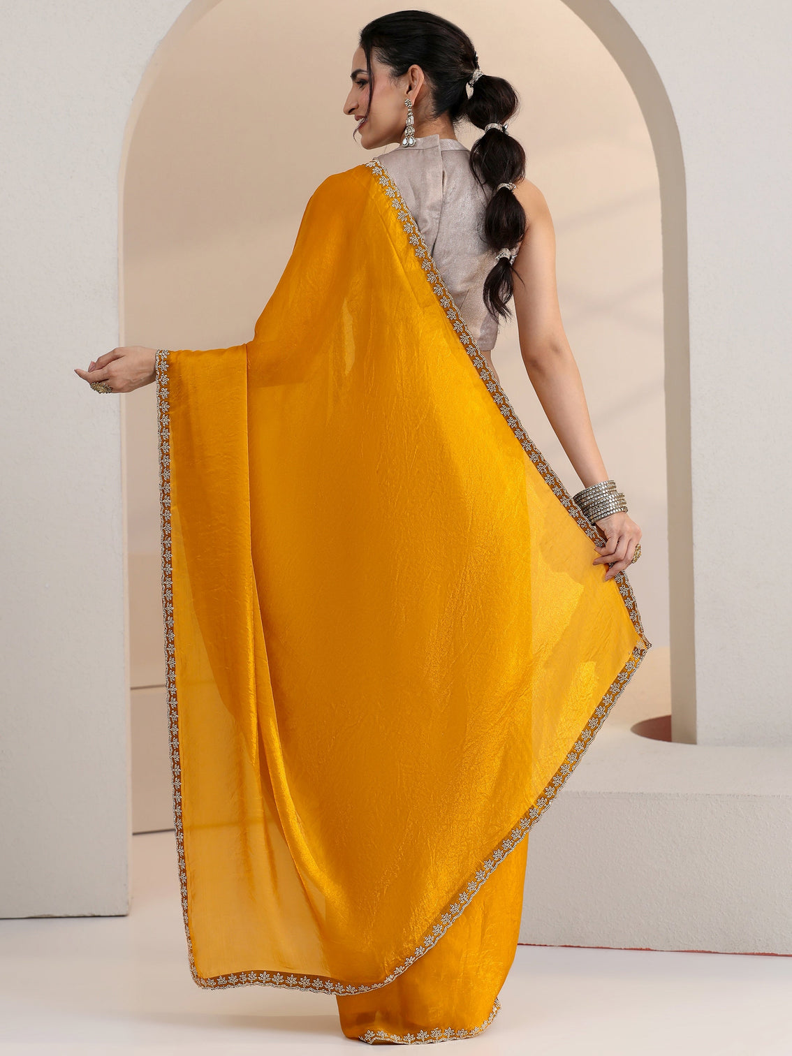Mameraa Mustard Yellow Tissue Saree with Stone Work Border