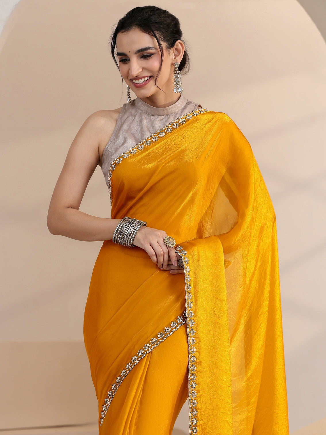 Mameraa Mustard Yellow Tissue Saree with Stone Work Border