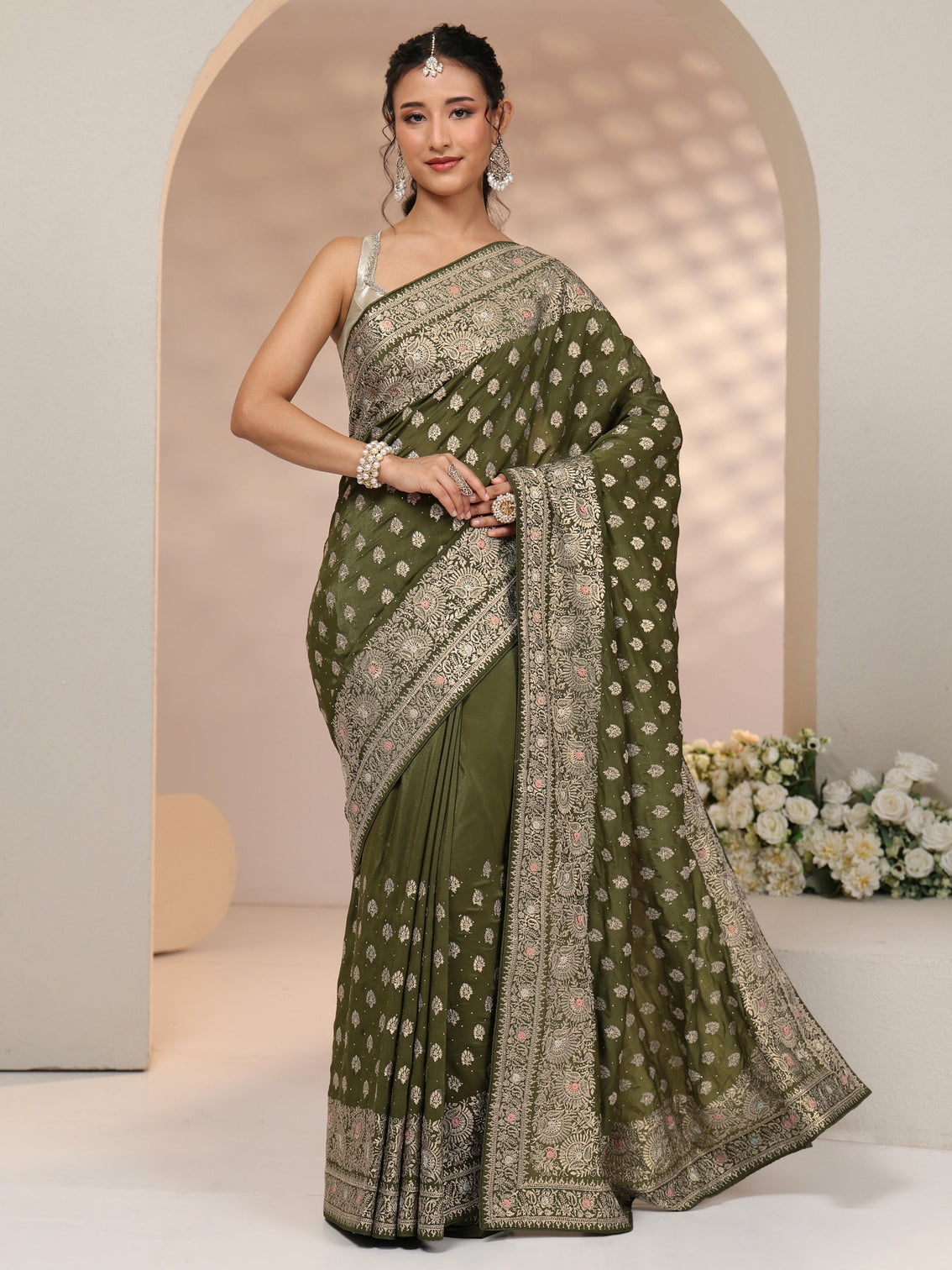 Mameraa Leaf Green Embellished Satin Saree with Ethnic Motifs