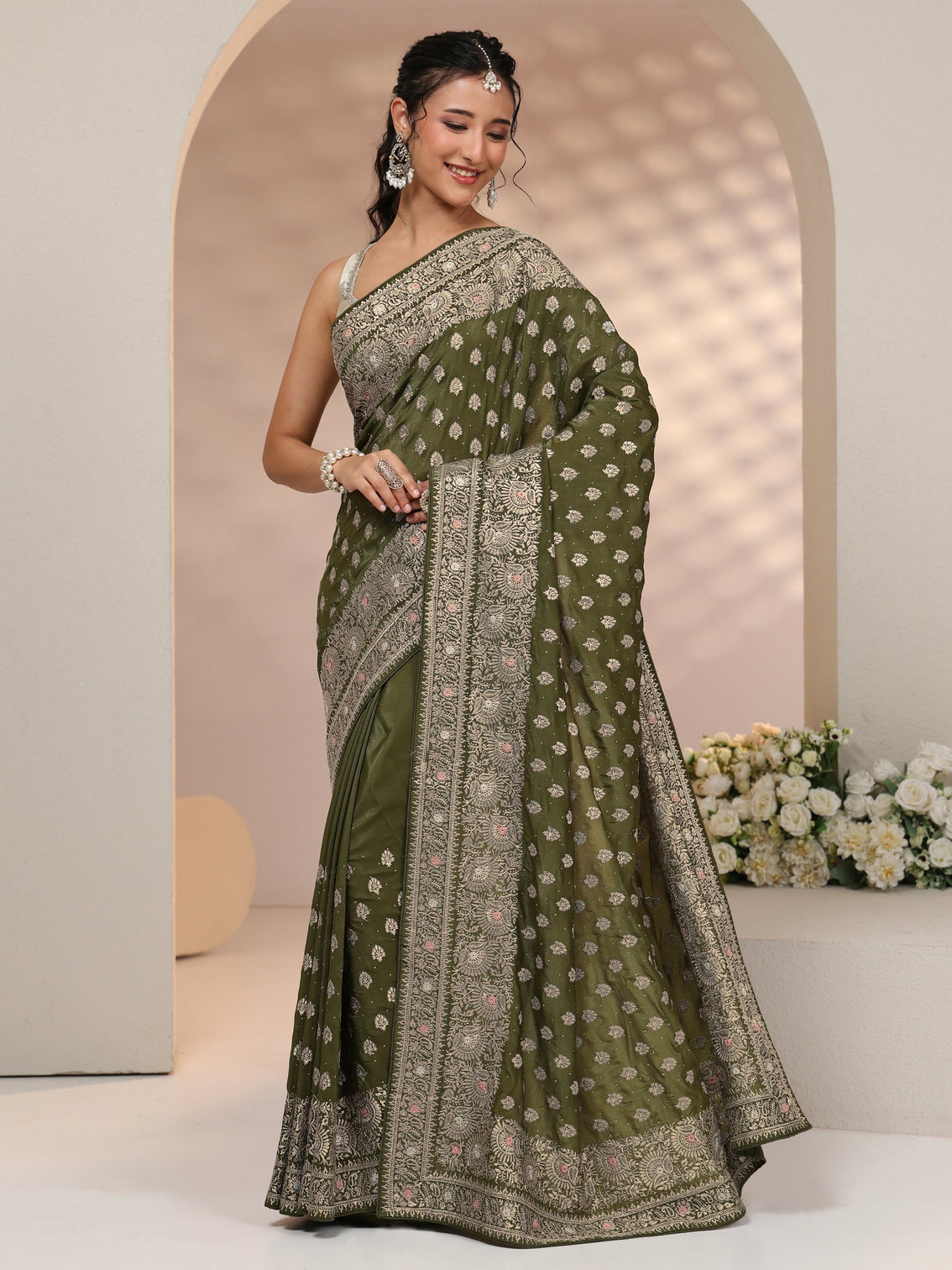 Mameraa Leaf Green Embellished Satin Saree with Ethnic Motifs