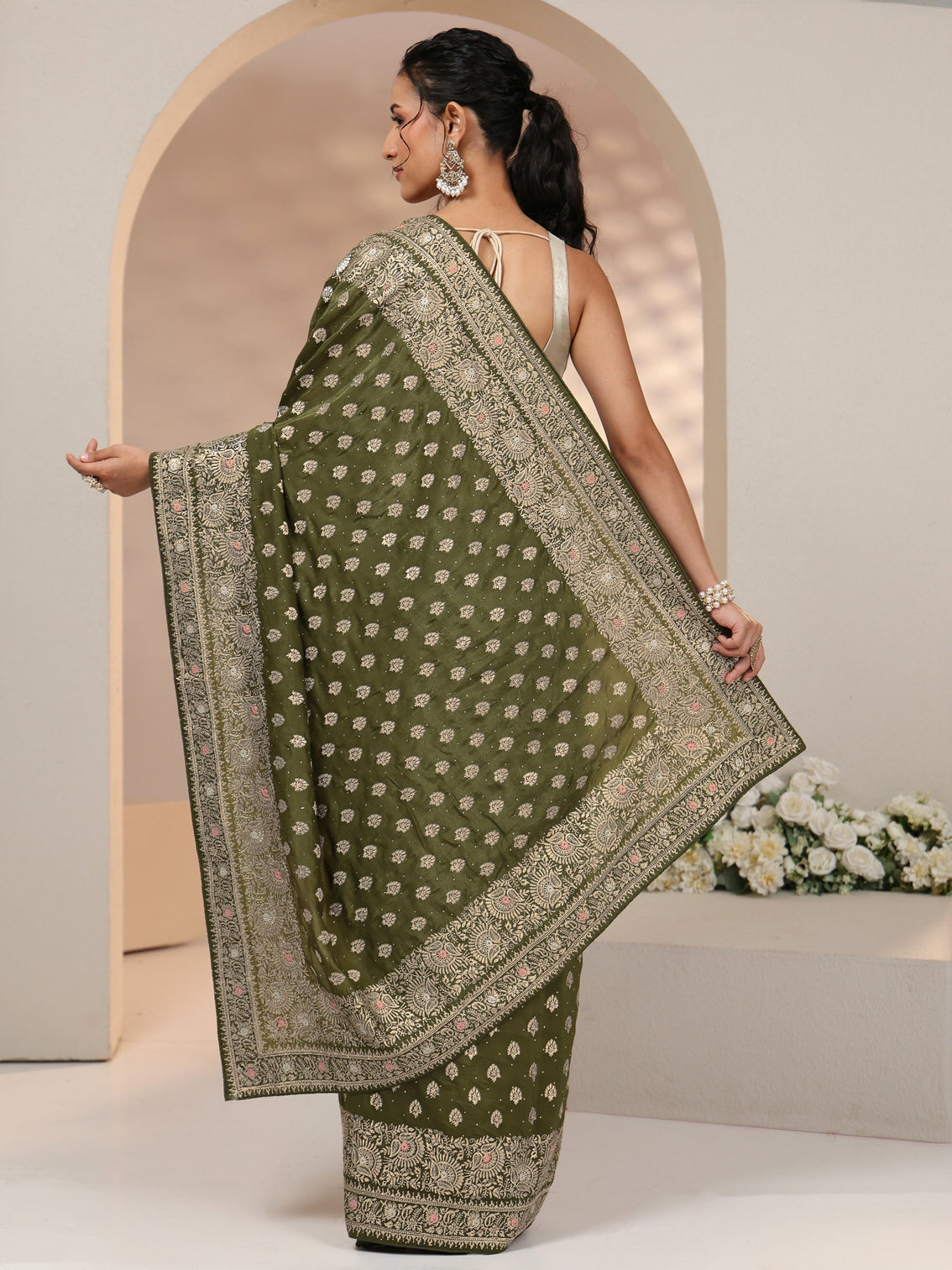 Mameraa Leaf Green Embellished Satin Saree with Ethnic Motifs