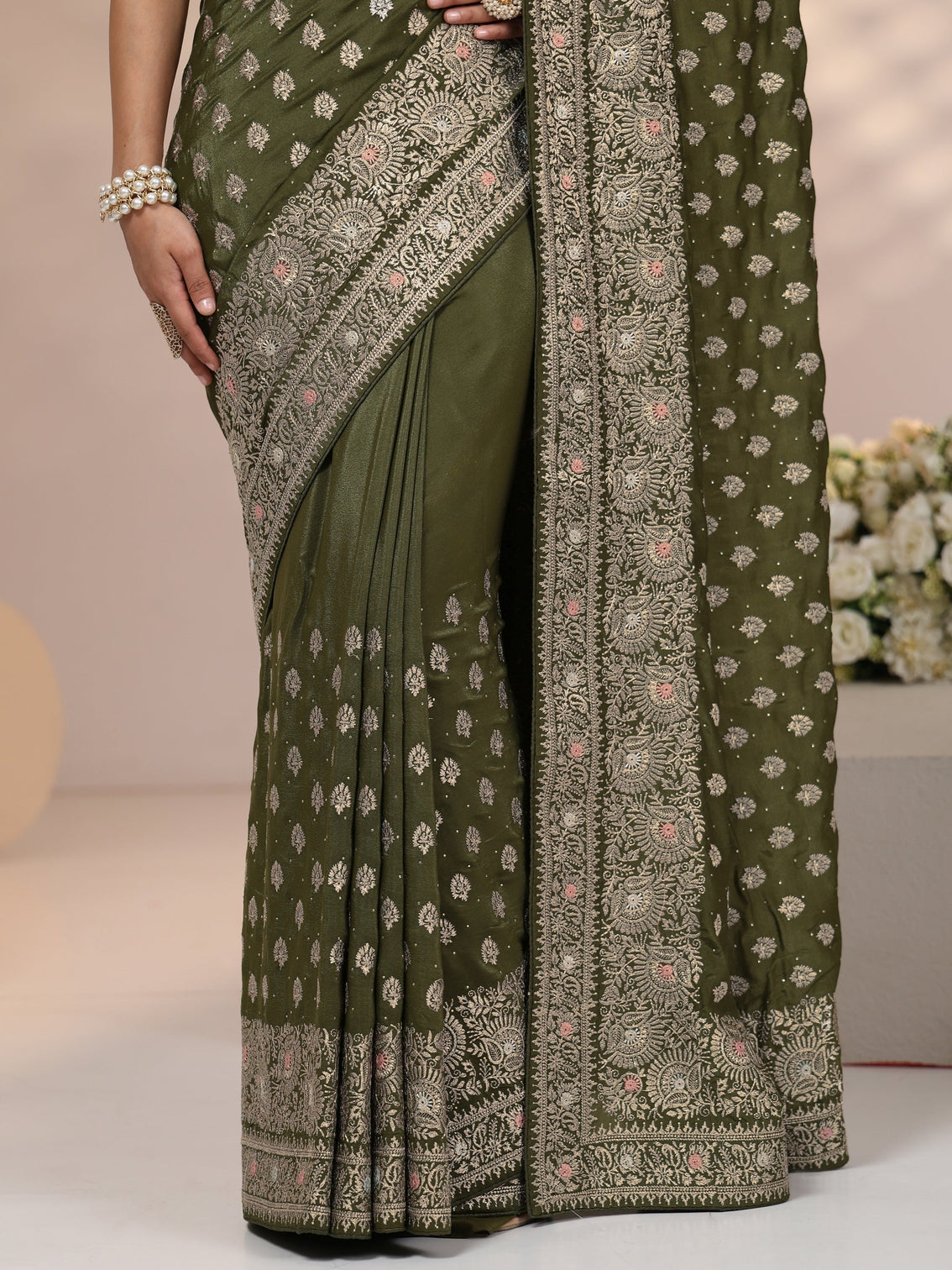 Mameraa Leaf Green Embellished Satin Saree with Ethnic Motifs