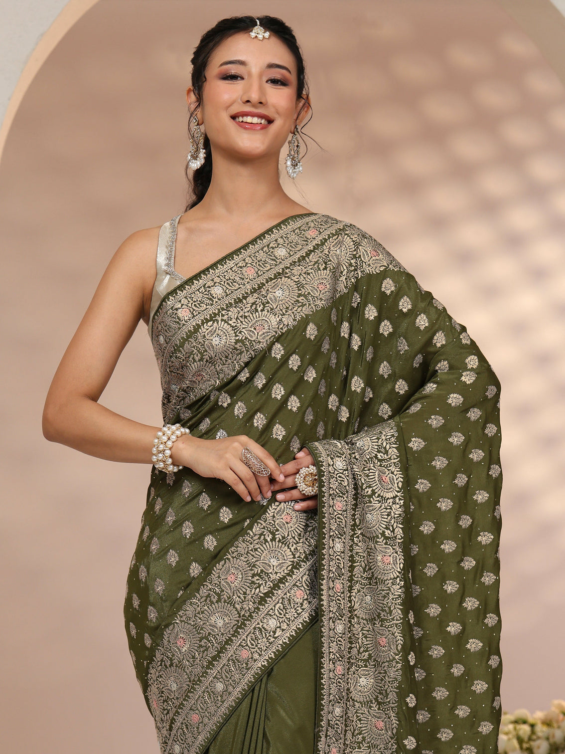 Mameraa Leaf Green Embellished Satin Saree with Ethnic Motifs