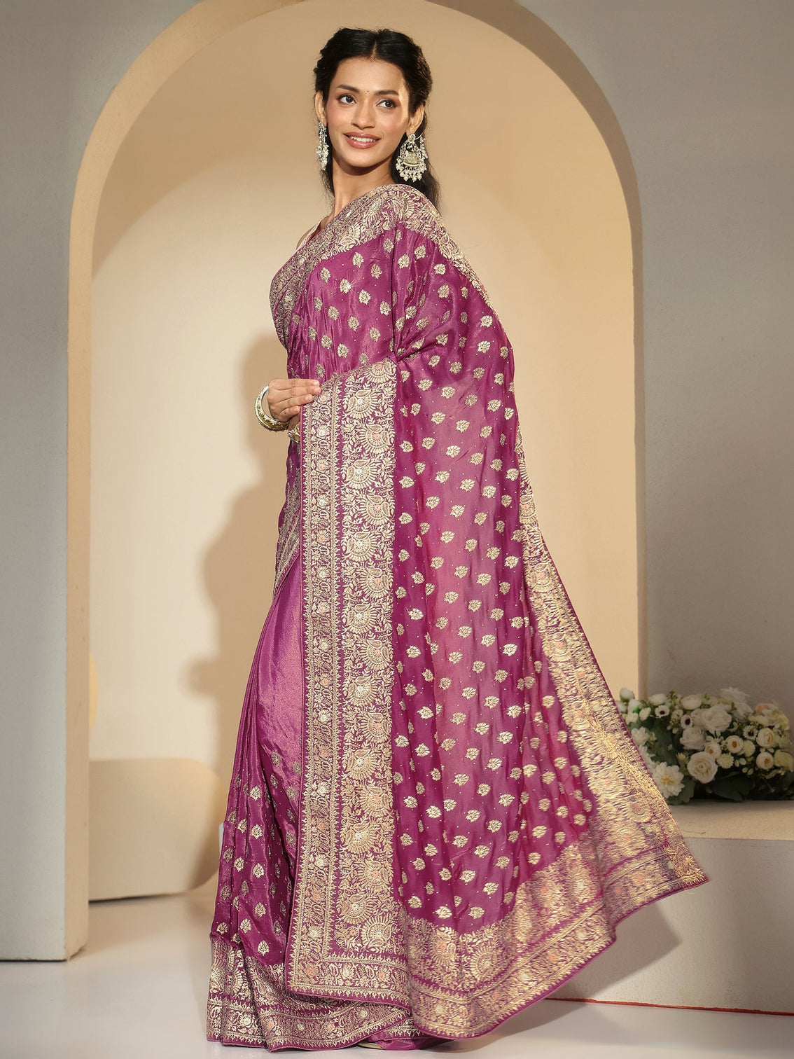 Mameraa Dusty Rose Pink Embroidered Satin Saree