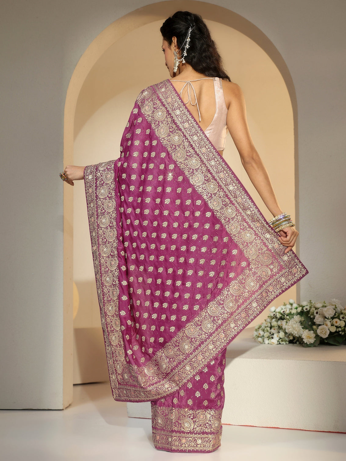 Mameraa Dusty Rose Pink Embroidered Satin Saree