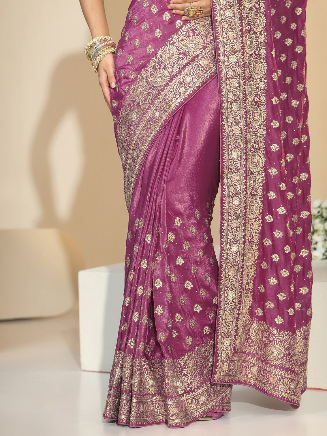 Mameraa Dusty Rose Pink Embroidered Satin Saree