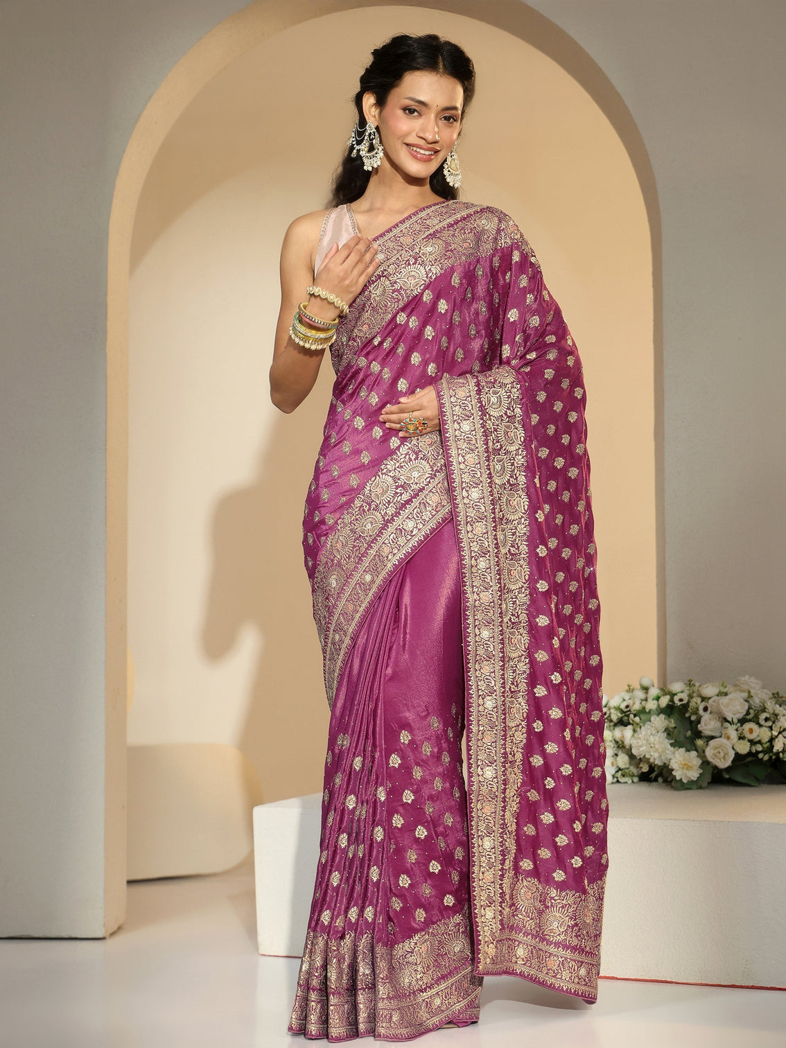 Mameraa Dusty Rose Pink Embroidered Satin Saree