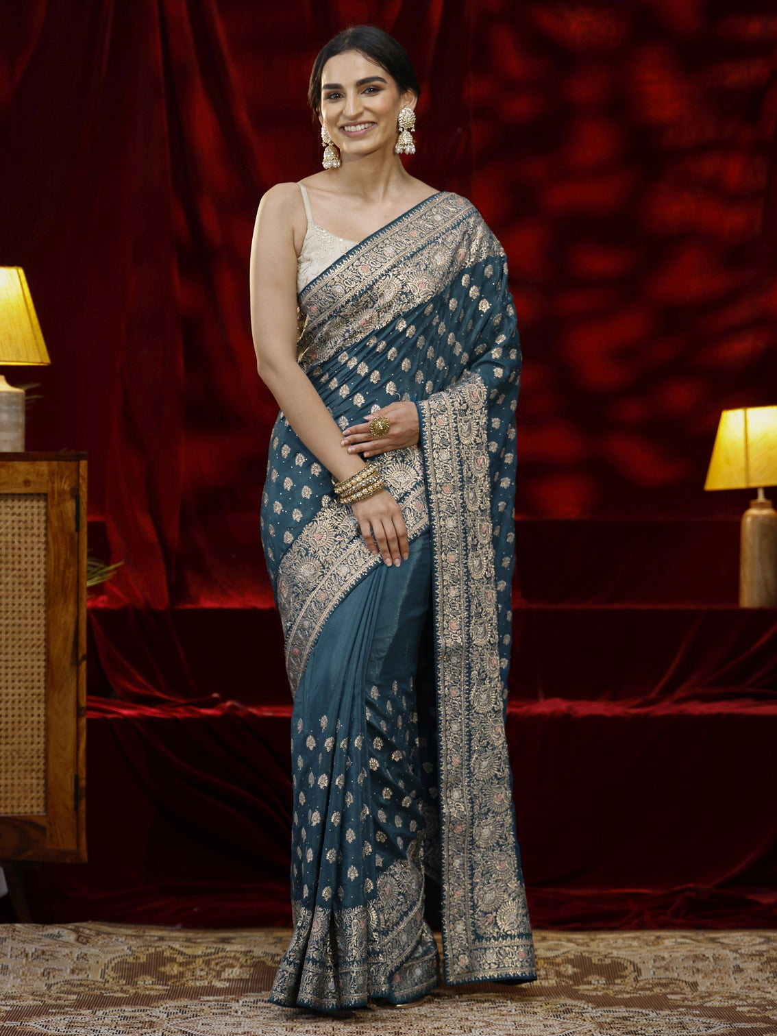Mameraa Blue Ethnic Motif Embroidered Satin Saree