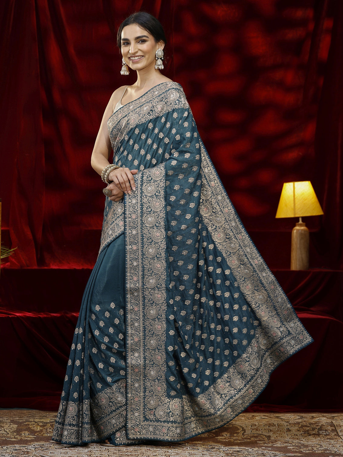 Mameraa Blue Ethnic Motif Embroidered Satin Saree