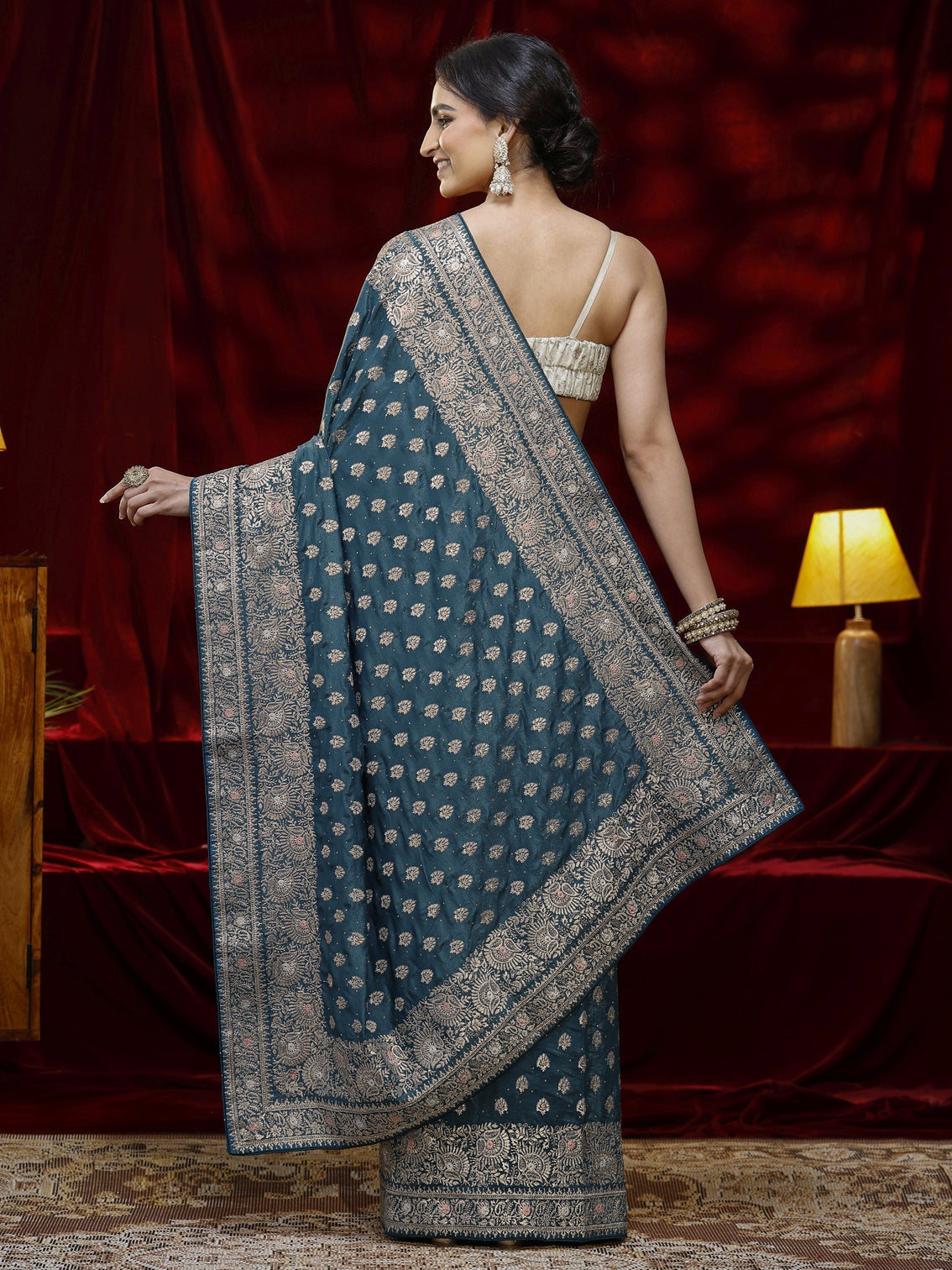 Mameraa Blue Ethnic Motif Embroidered Satin Saree