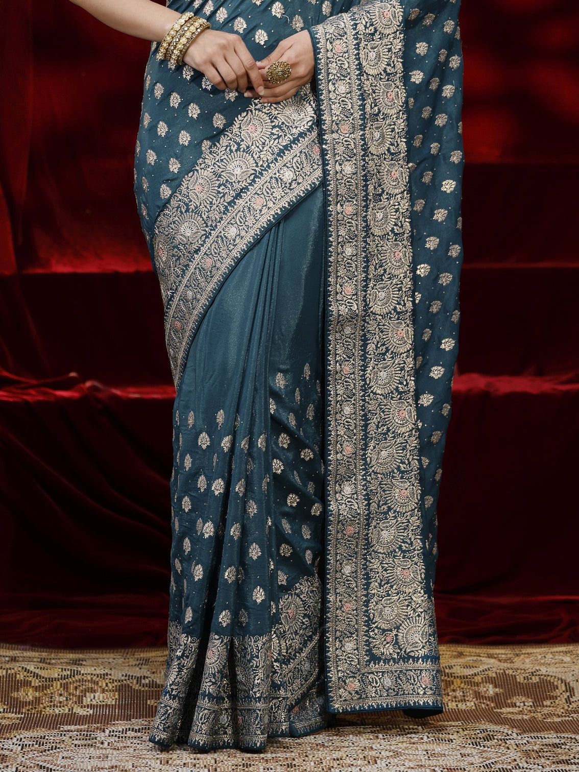 Mameraa Blue Ethnic Motif Embroidered Satin Saree