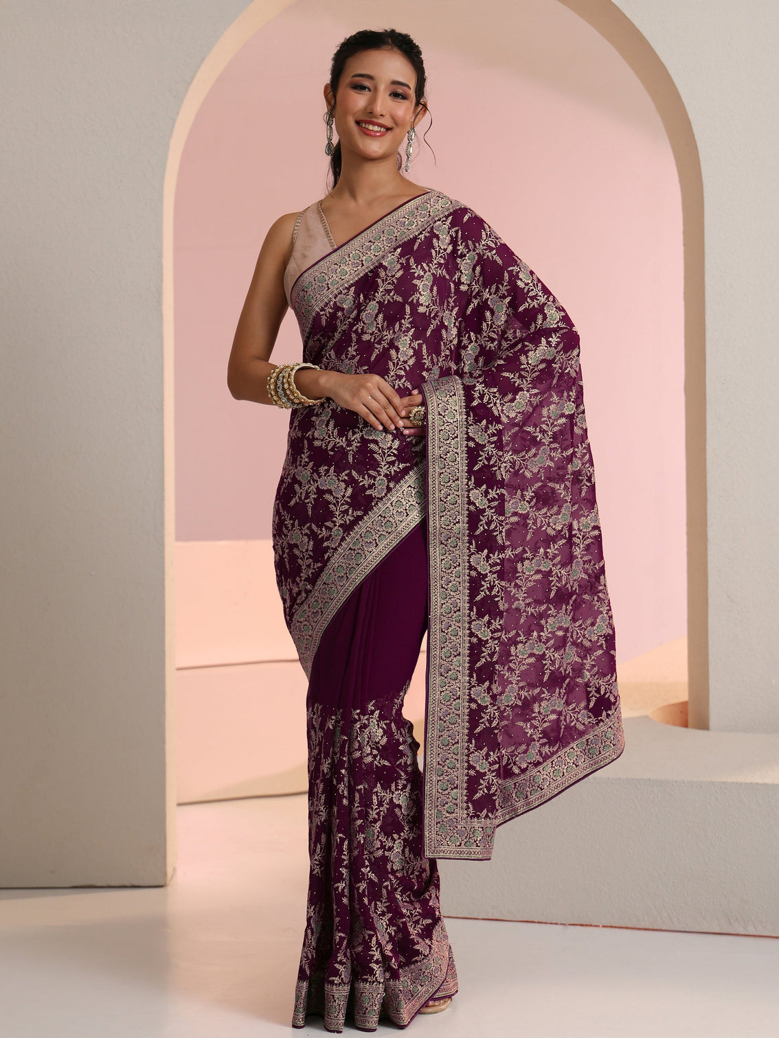 Mameraa Wine Red Floral  Embroidered Georgette Saree