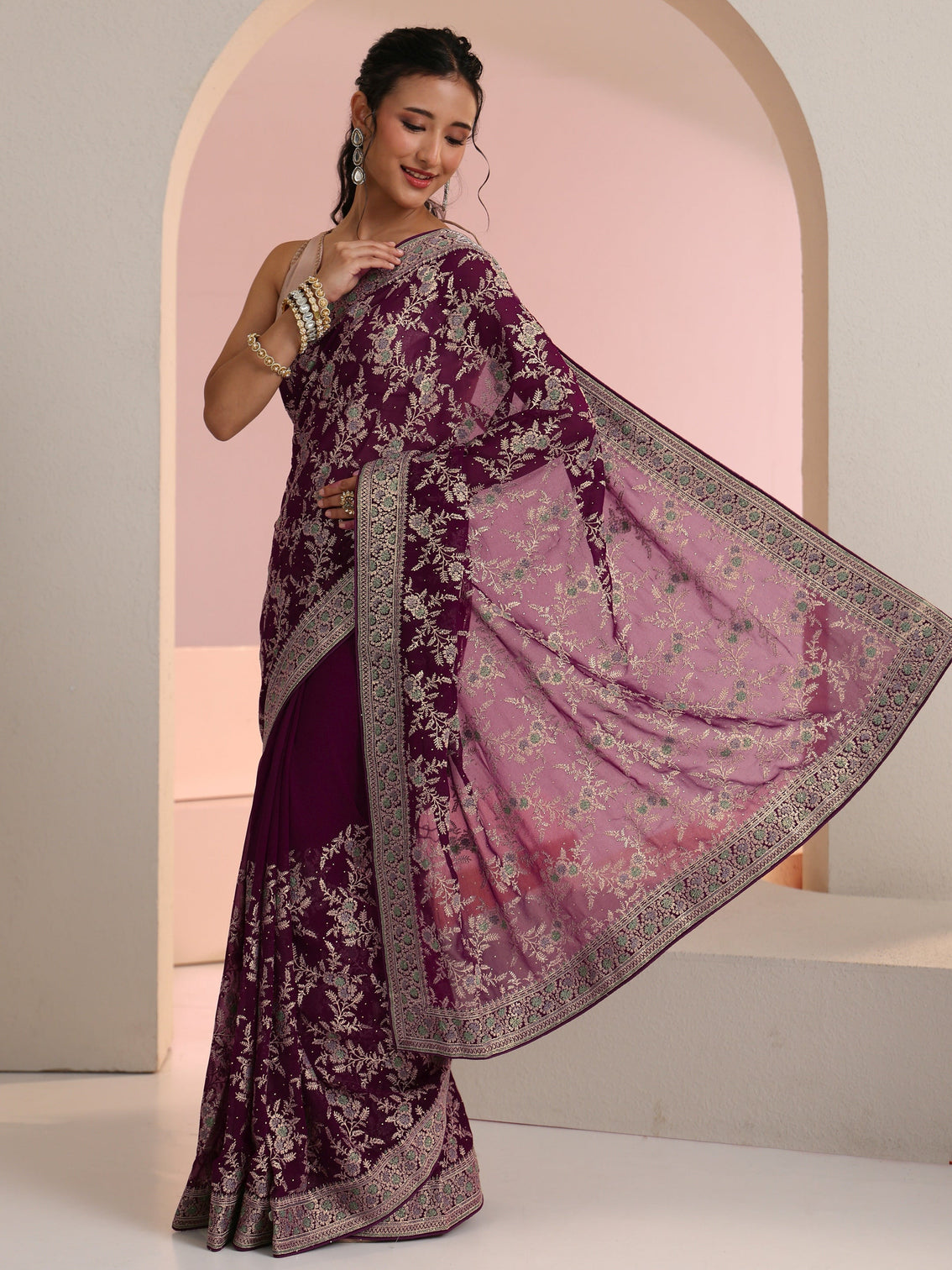 Mameraa Wine Red Floral  Embroidered Georgette Saree